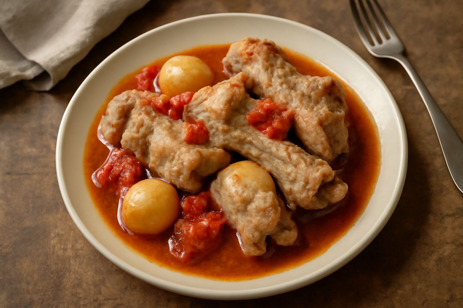 Abbacchio in umido in una ciotola di terracotta bianca: pezzi di carne bianca e tenera, rossi di pomodoro concentrato e brodo, cipolle intere dorate, prezzemolo verde fresco trinciato, con pane toscan