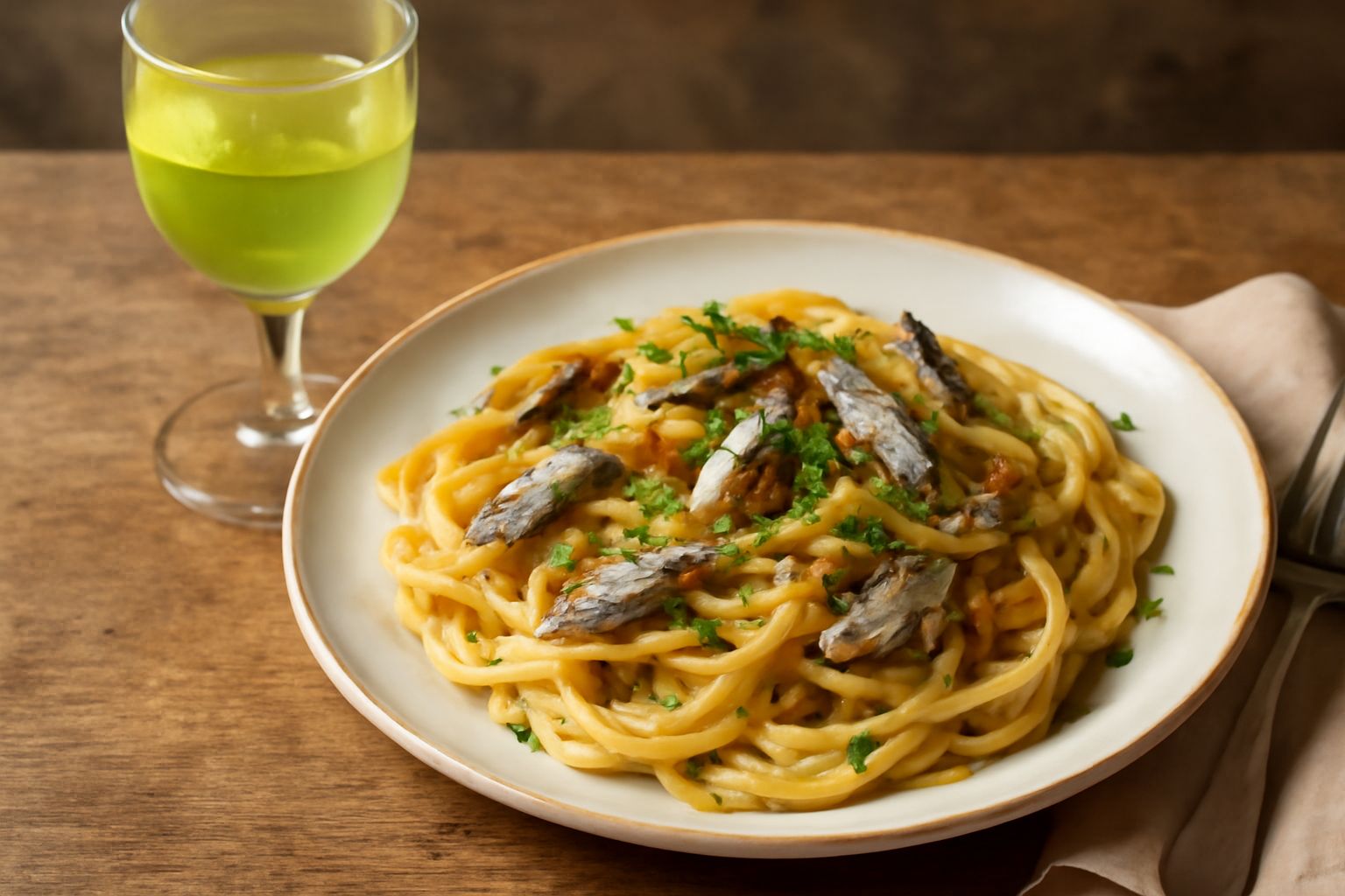 Bicchiere trasparente con absinthe sarda di colore giallo verdognolo, guarnito con rametto di finocchietto selvatico, bottiglia di vetro scuro sullo sfondo, tavolo in legno naturale