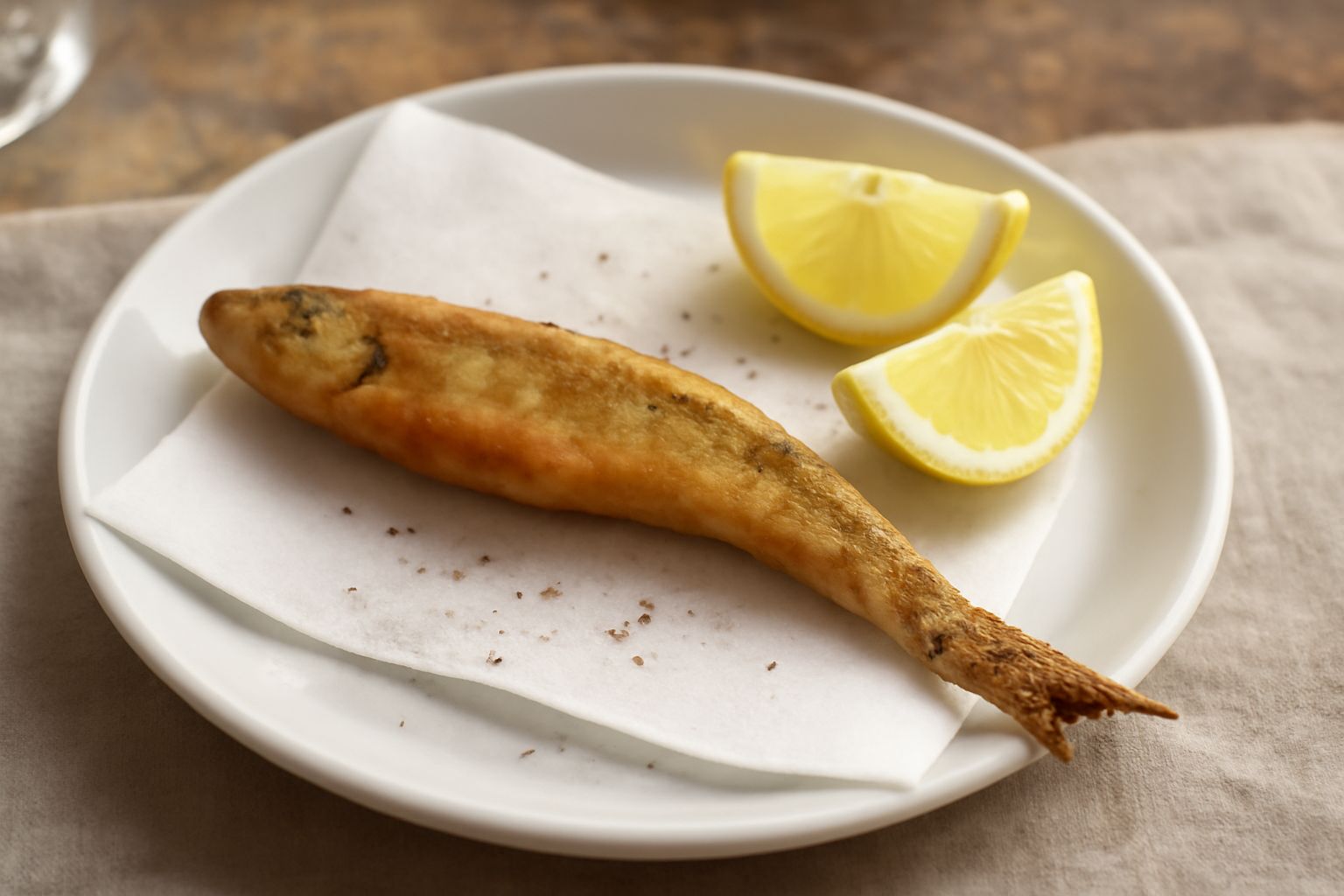 Tre acciughe fritte dorate adagiate su carta assorbente bianca, corpo sinuoso lievemente arcuato, superficie croccante e brillante, contorno di limone fresco tagliato in spicchi