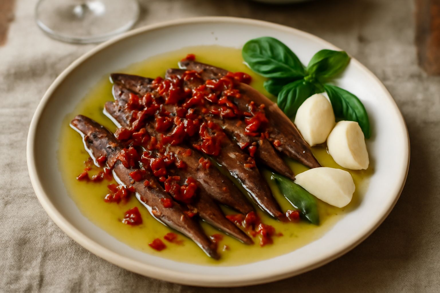 Filetti di acciughe silvestre su piatto bianco, ricoperti di olio dorato con scaglie di peperoncino rosso e spicchi di aglio bianco, accompagnati da fette di pane tostato