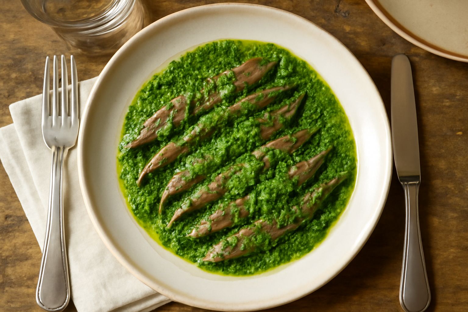 Piatto di ceramica bianca con acciughe intere ricoperte di salsa verde densa a base di prezzemolo e aglio, olio che brilla in superficie, accompagnate da fettine di limone fresco e pane tostato ai bor