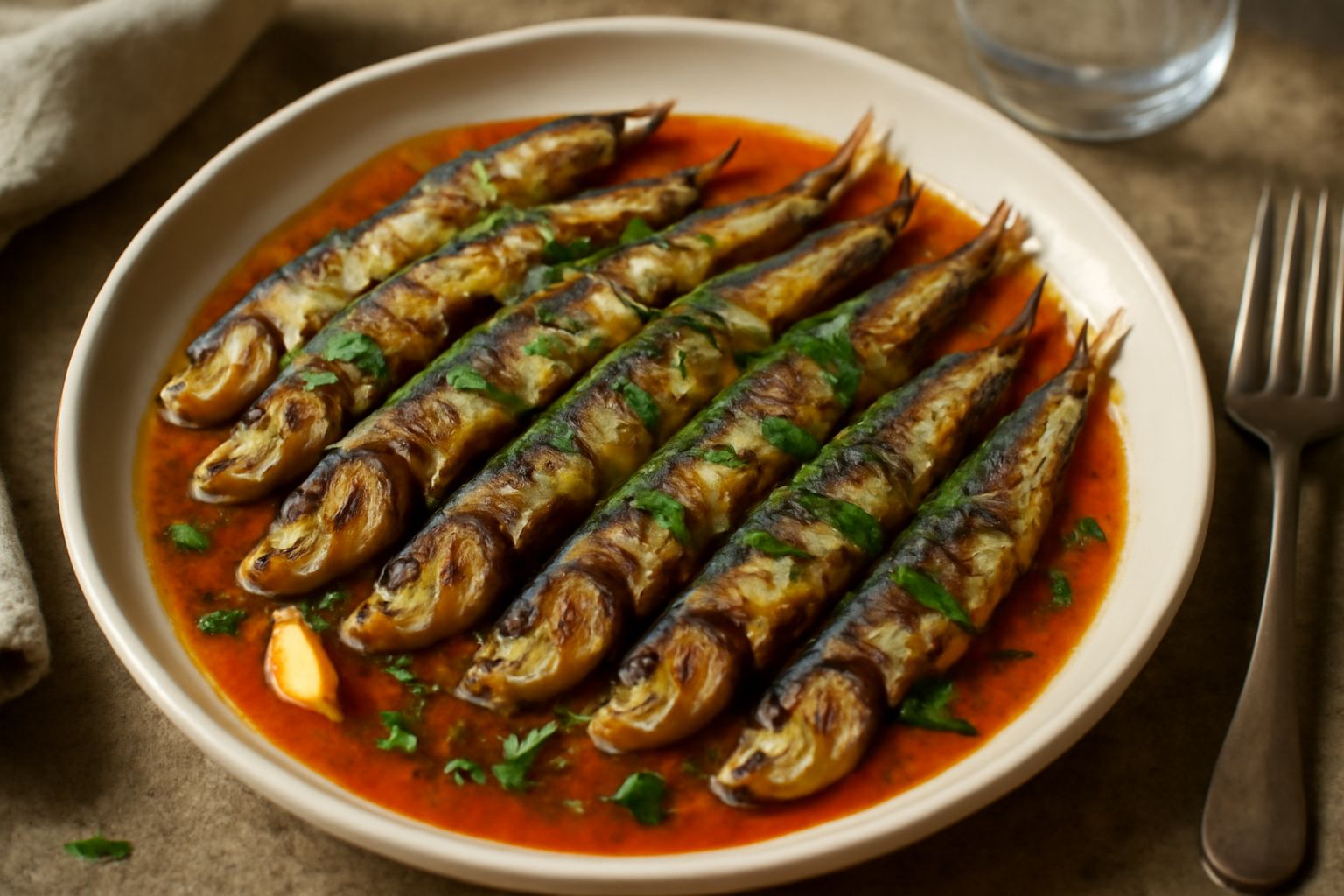 Acciughe intere dorate in padella con pomodoro rosso fresco, aglio e prezzemolo verde su fondo bianco di ceramica, vapore leggero visibile