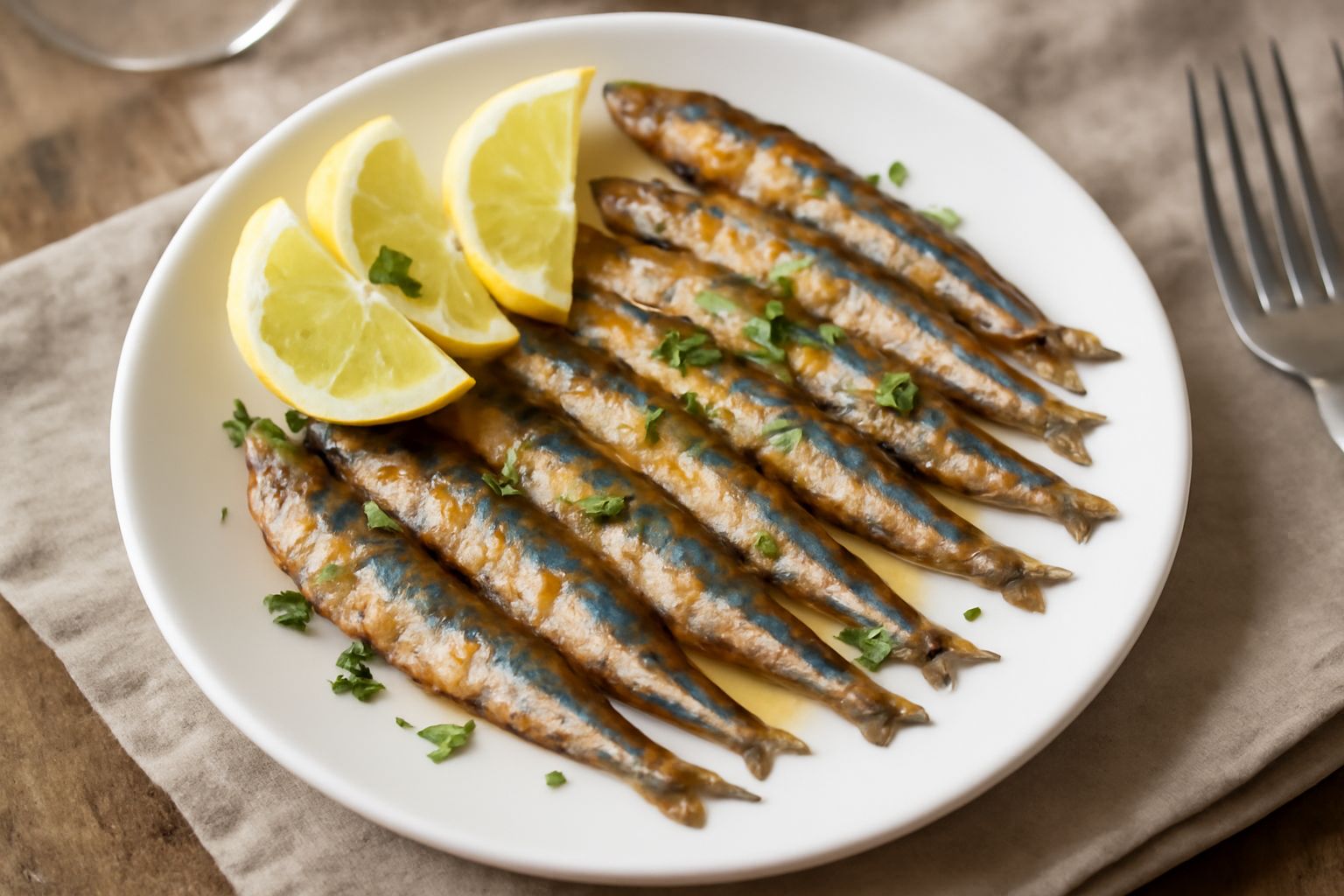 Acciughe intere dorate in padella di ferro, bordi croccanti, fondo bianco, guarnite con spicchi di limone fresco e rosmarino verde, servite su piatto bianco di ceramica