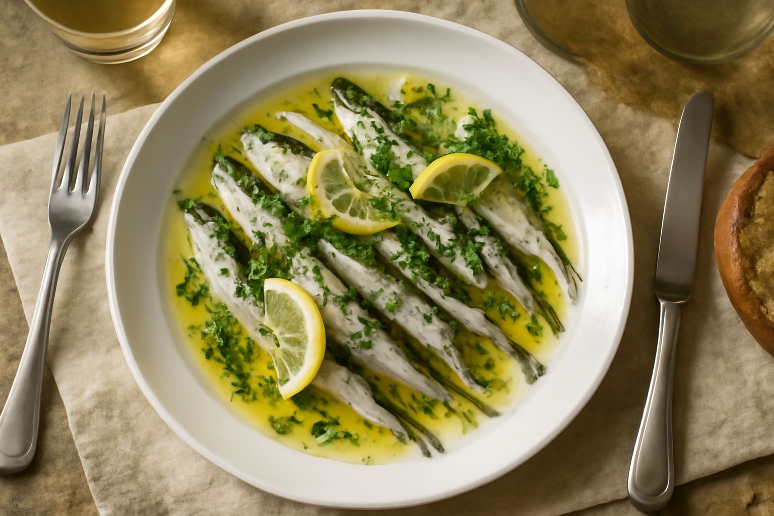 Acciughe marinate argentee e lucide in una ciotola trasparente con fette di limone, aglio e peperoncino rosso, olio d'oliva che brilla in superficie, su sfondo bianco