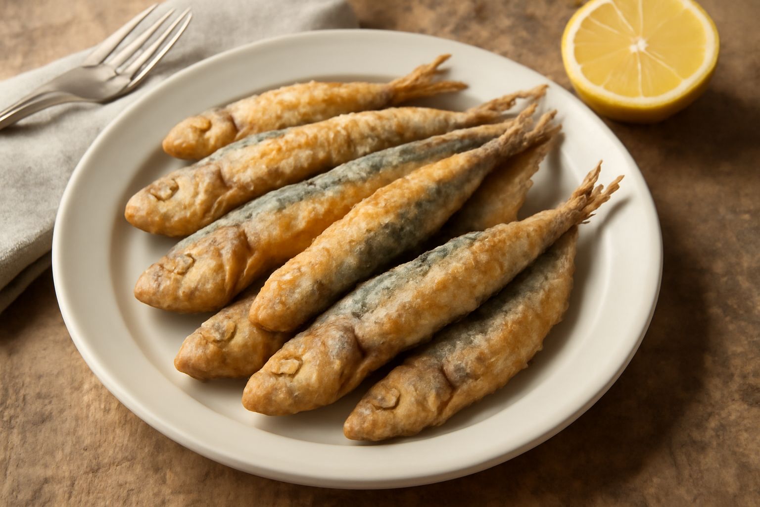 Acciughe intere fritte dorate e croccanti disposte su carta assorbente bianca, con gocce d'olio dorato visibili, limone fresco affettato e sale marino in primo piano