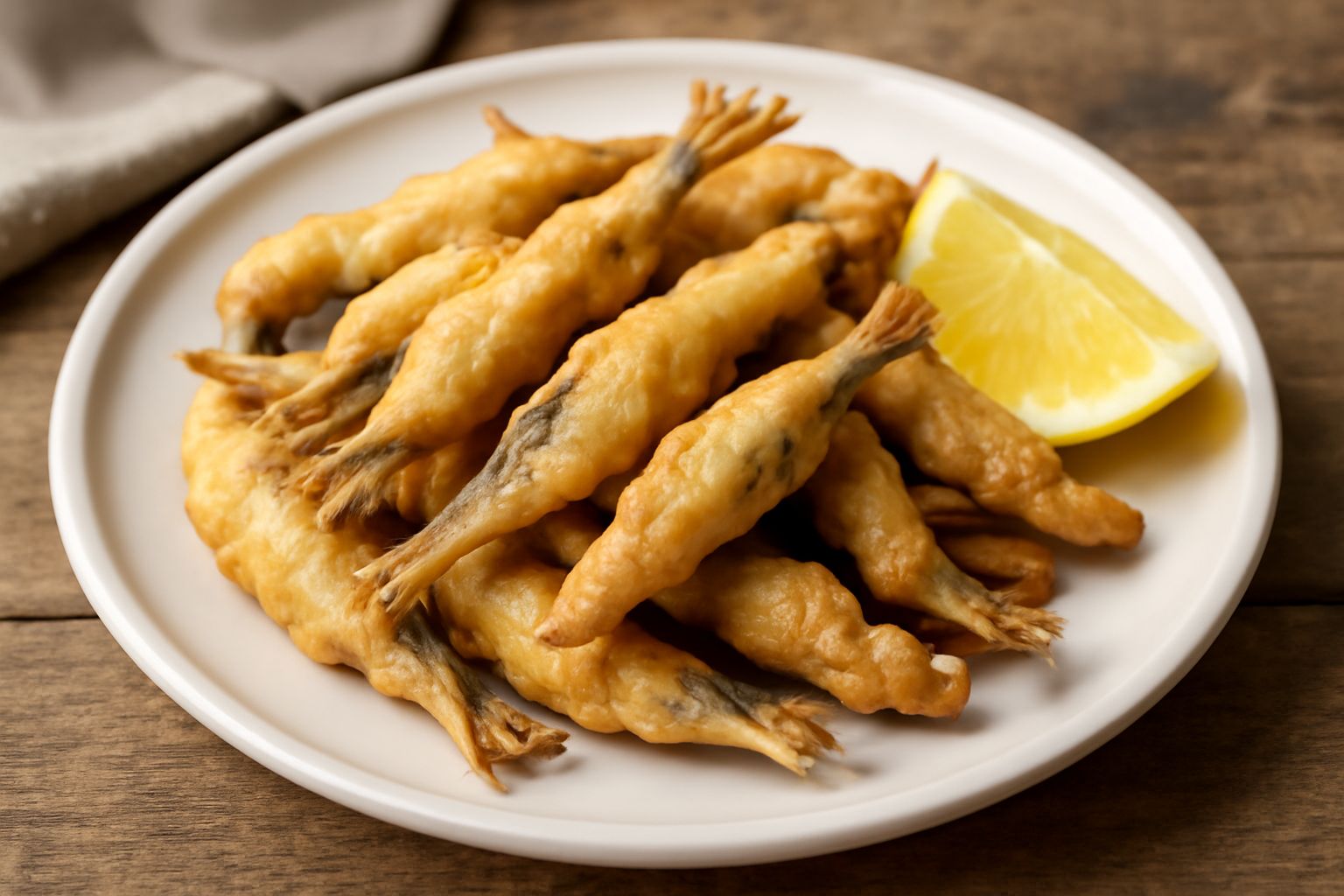 Acciughe intere dorate e croccanti in pastella, disposte su un piatto bianco con un limone tagliato a metà e prezzemolo fresco, fondo scuro sfumato