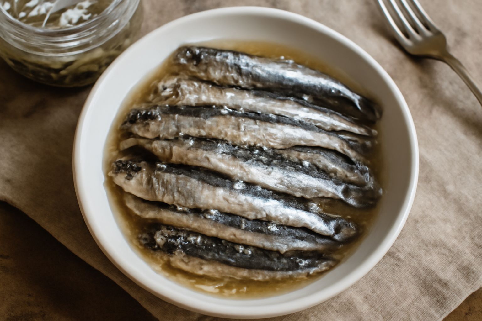Vasetto di vetro con acciughe intere argentee e sale grosso, su fondo bianco, con qualche cristallo di sale sparso e un cucchiaio in legno accanto