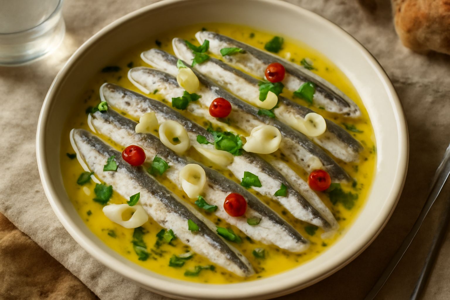 Acciughe bianche e grigie disposte su un piatto bianco rotondo, condite con olio d'oliva che luccica, fili di aglio trasparente, peperoncino rosso tritato, gocce di limone fresco, prezzemolo verde ai 