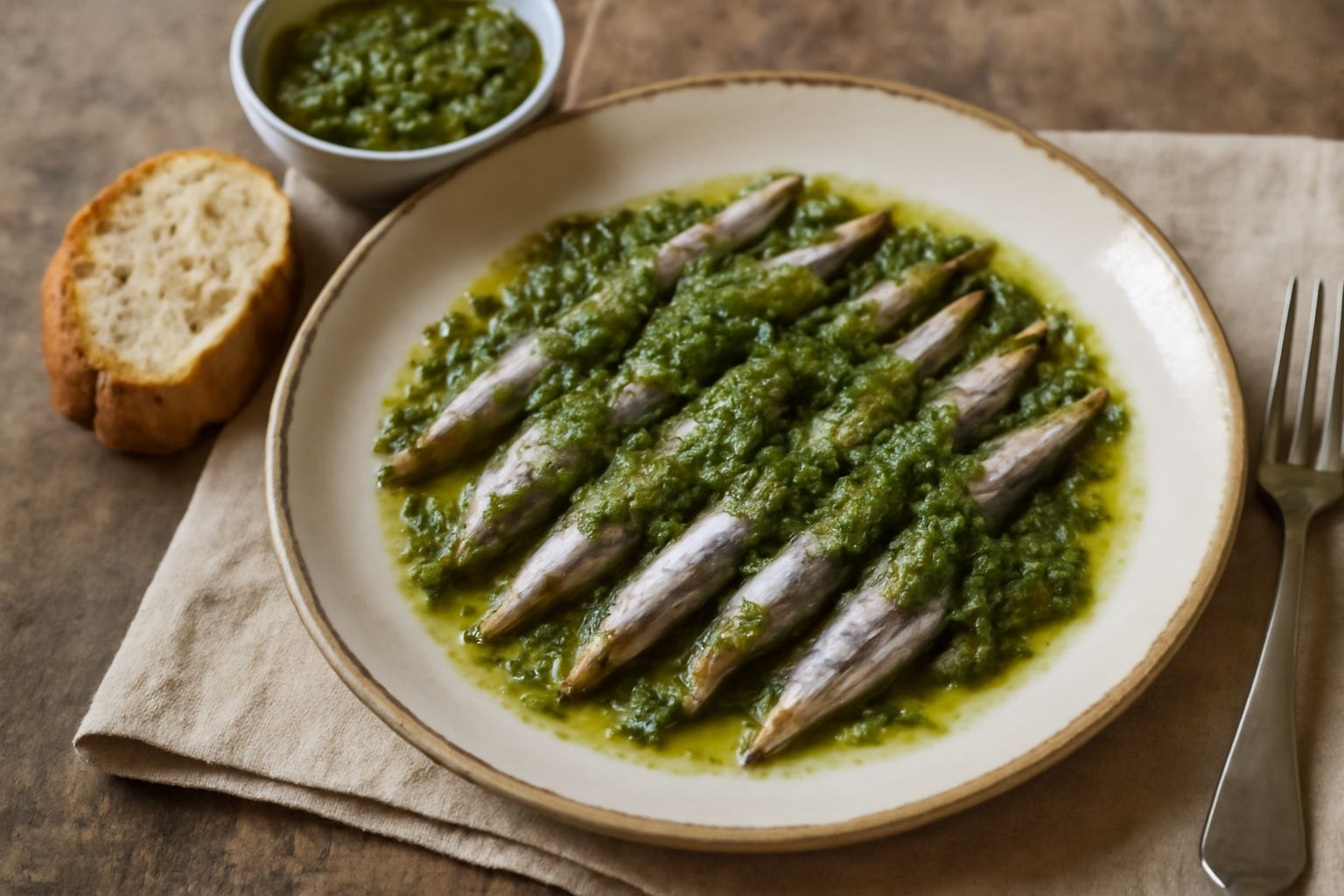 Piatto bianco con acciughe argentate coperte da salsa verde densa, prezzemolo fresco e gocce di olio d'oliva, su tavolo di legno chiaro