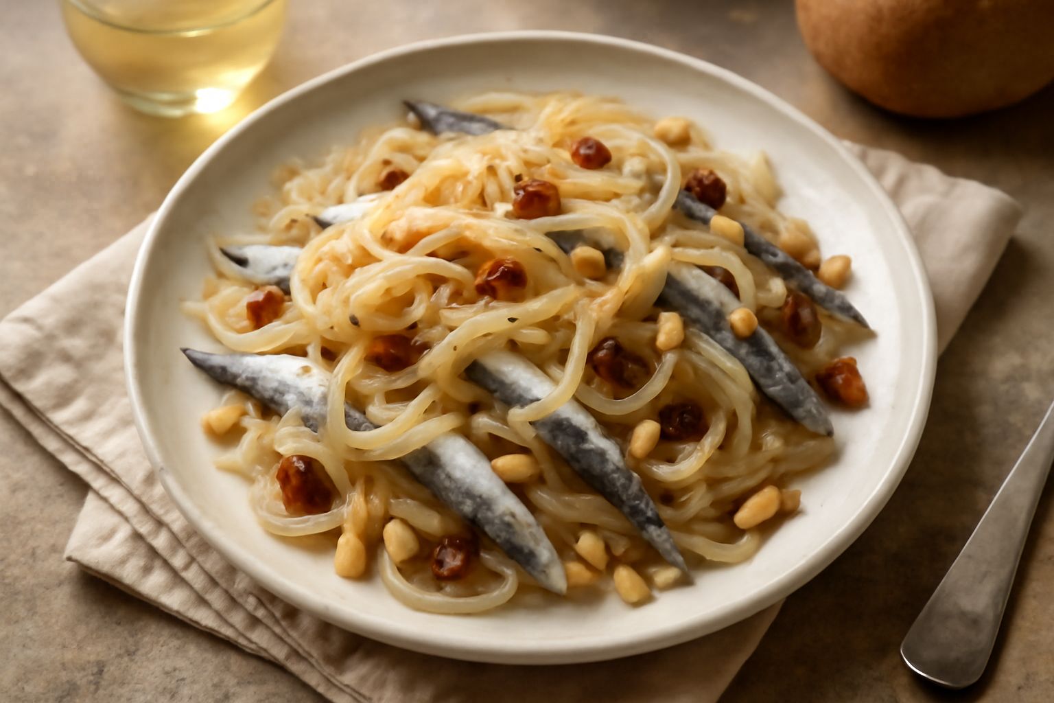 Acciughe in saòr su un piatto bianco con cipolla caramellata, pinoli e uvetta, condimento lucido di aceto balsamico.