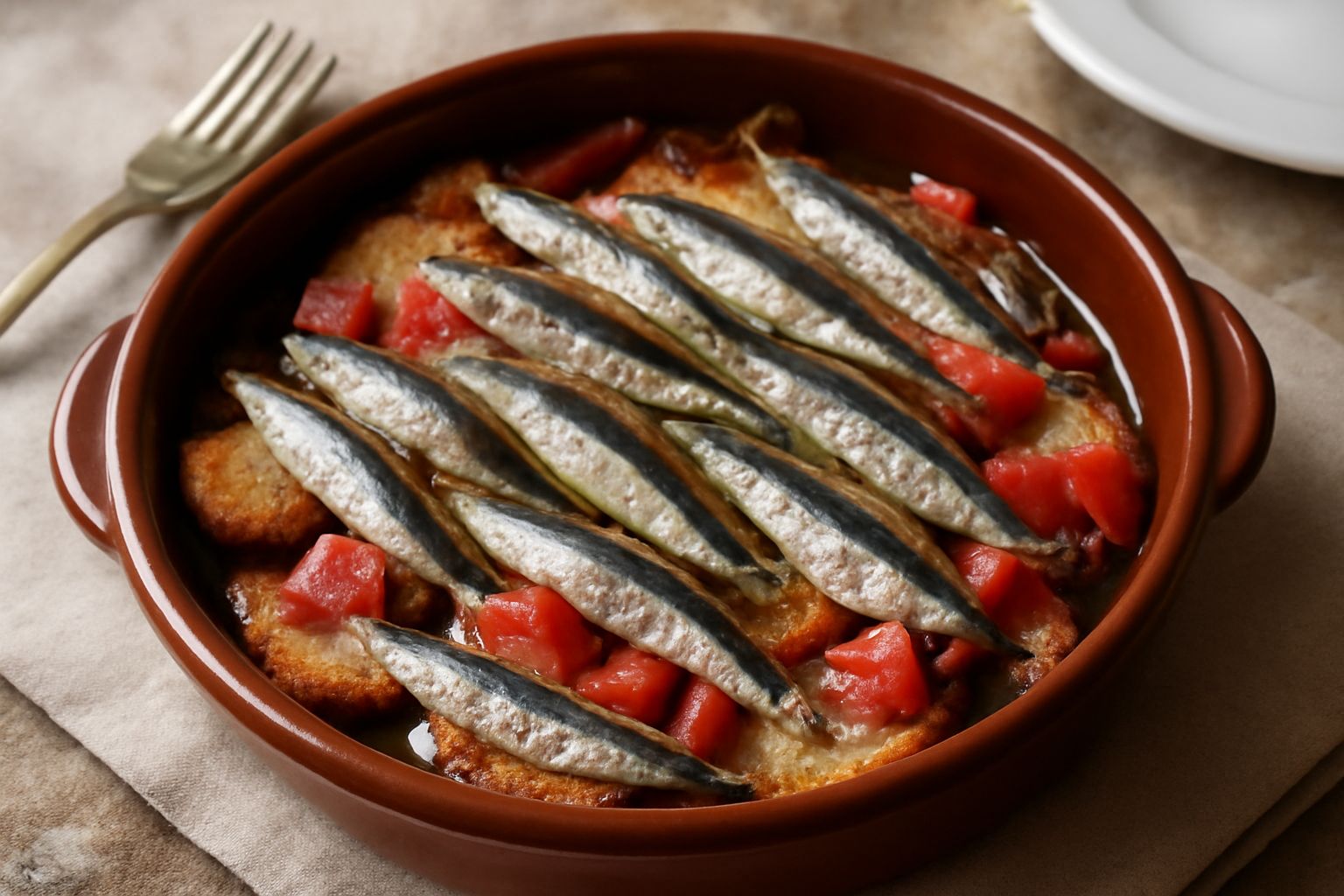 Tortiera di ceramica con acciughe intere disposte a strati con pane tostato, pomodoro rosso e olio d'oliva brillante, con erbe aromatiche sparse in superficie