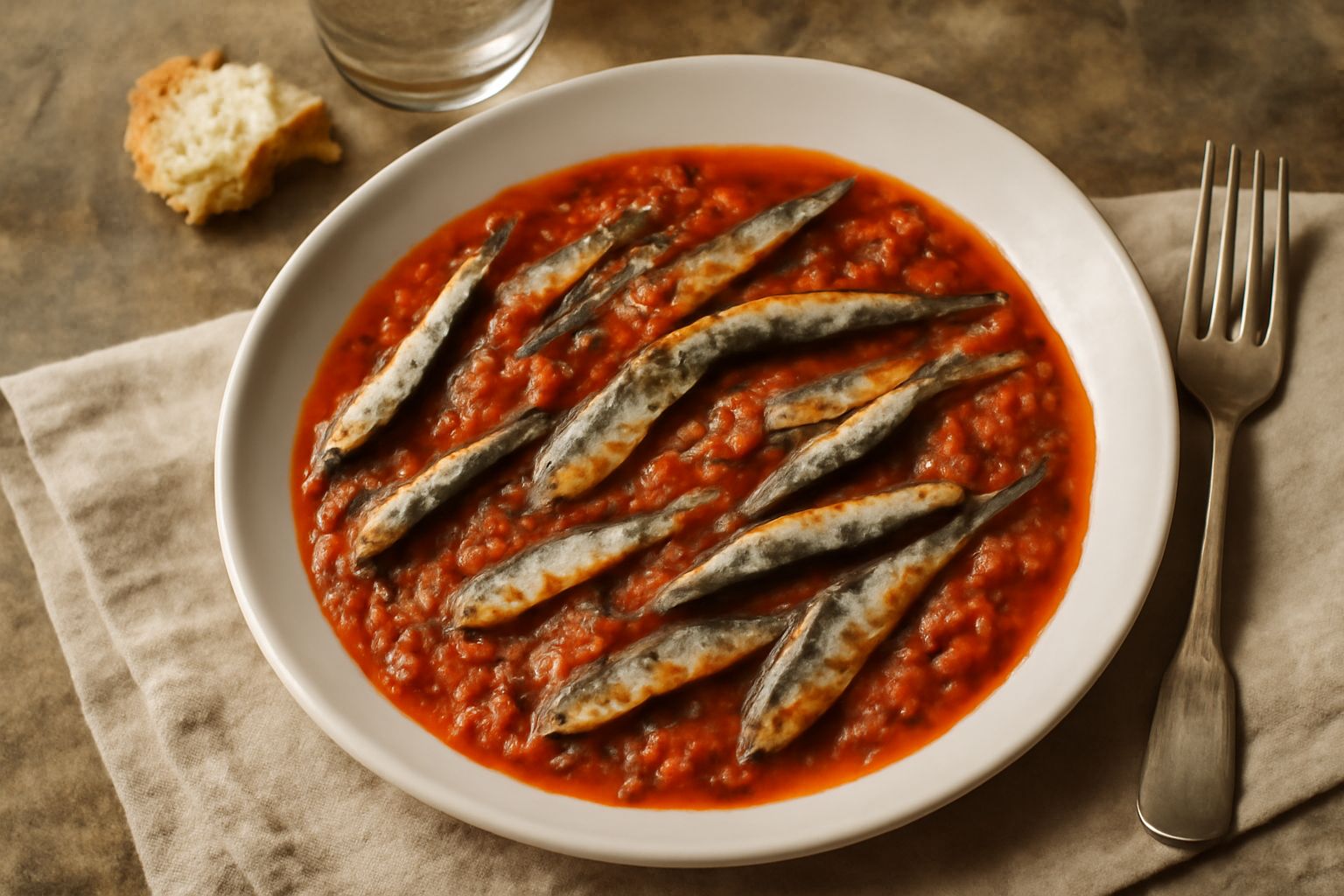 Piatto bianco con acciughe in umido, pomodori rossi, olive nere e cipolla, condite con olio d'oliva su sfondo di legno naturale