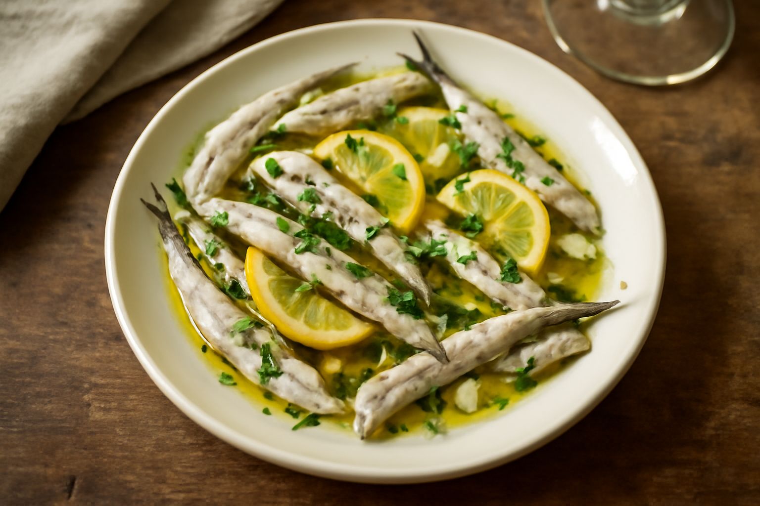 Acciughe marinate bianche e argentee in una ciotola di vetro con aceto, sale grosso e fette di limone fresco intorno