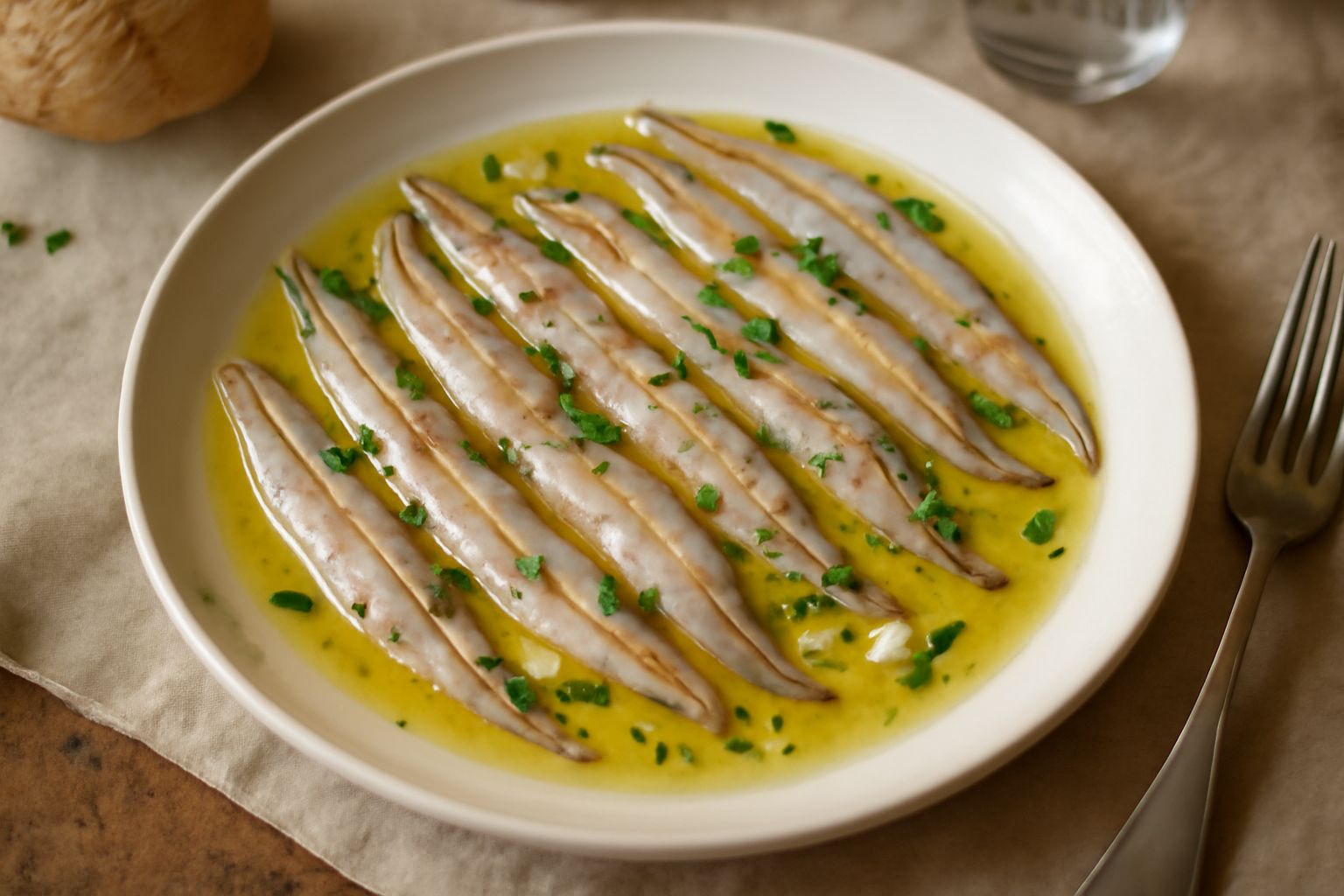 Acciughe filettate bianche e argentate, leggermente traslucide, disposte in un piatto bianco con fettine di limone e foglie di prezzemolo fresco, bagno di olio e aceto visibile
