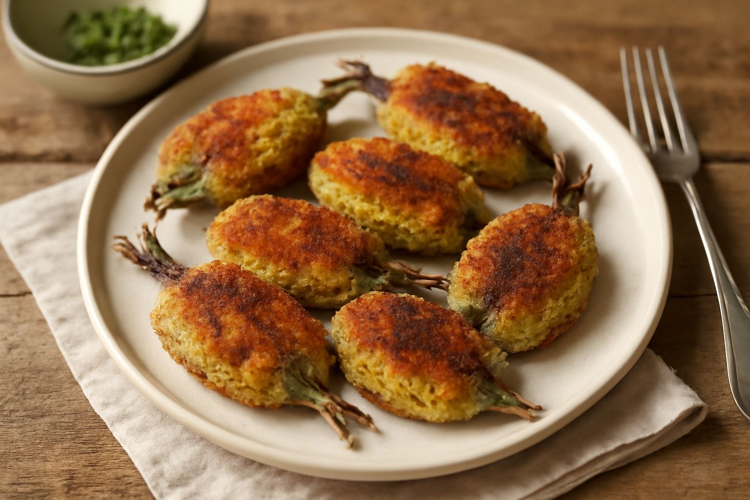 Acciughe ripiene dorate e croccanti disposte su piatto bianco, con limone fresco affettato, prezzemolo verde e una ciotola d'olio d'oliva sullo sfondo