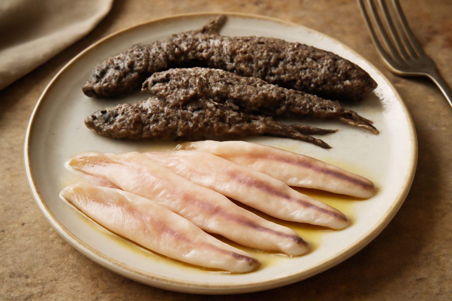 Acciughe salate disposte su un piatto bianco, filet separati con sale grosso intorno, accanto un bicchiere d'acqua, limone fresco e prezzemolo verde