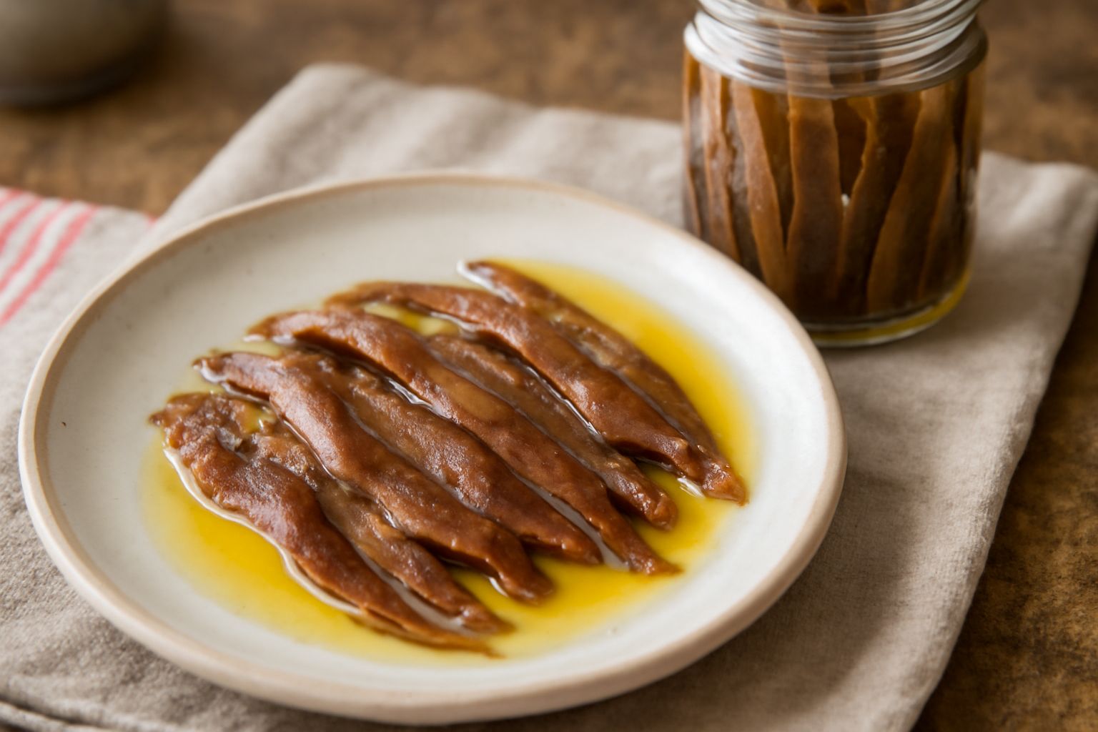 Vasetto di vetro con acciughe sott'olio di colore ambrato, filetti interi e ricoperti di olio dorato, su un fondo bianco con accanto un rametto di rosmarino e grani di pepe nero