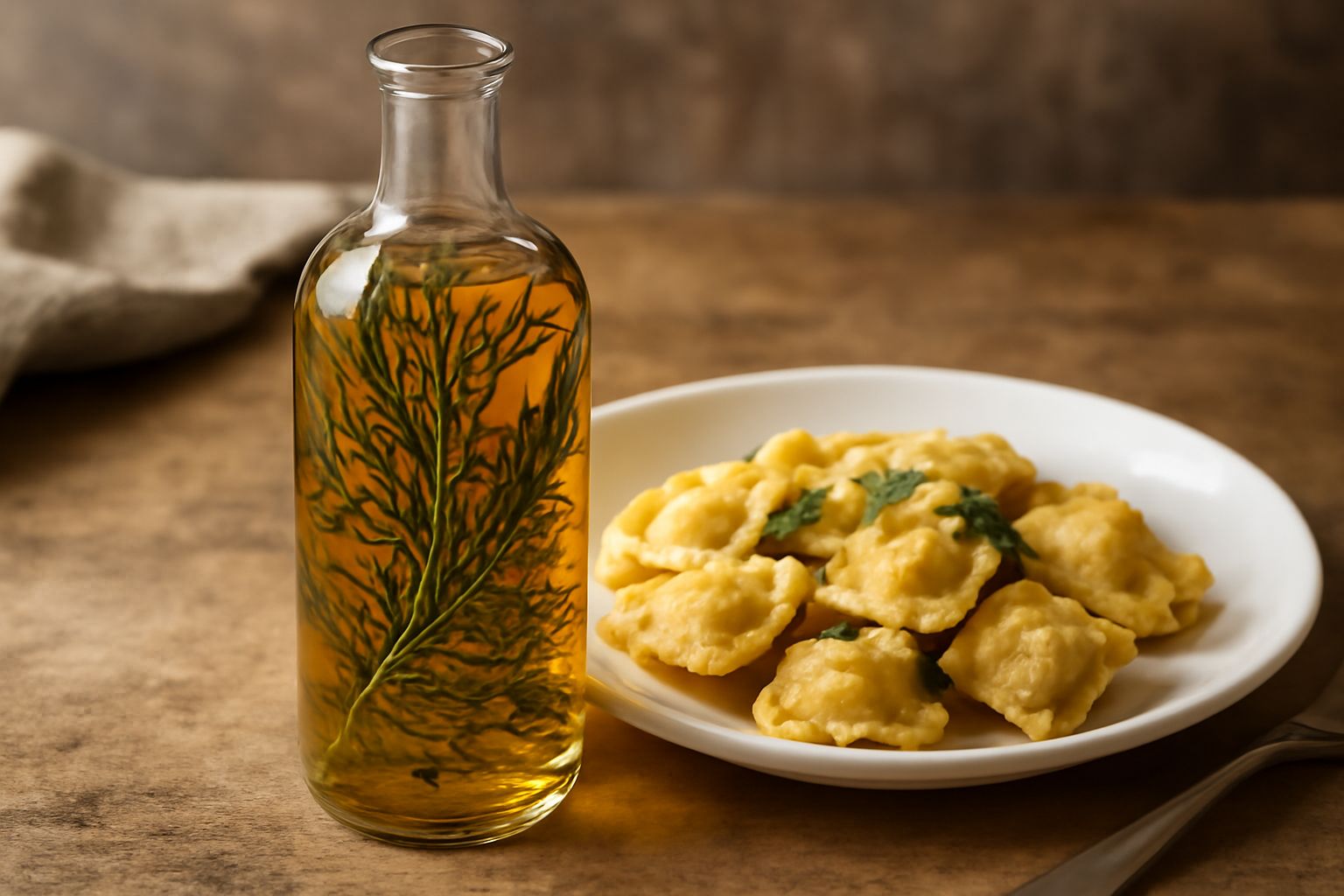 Una bottiglia di vetro trasparente riempita di aceto giallastro con rametti di timo, rosmarino e salvia verdi, poggiata su un tavolo di legno con due vasetti di erbe aromatiche fresche accanto