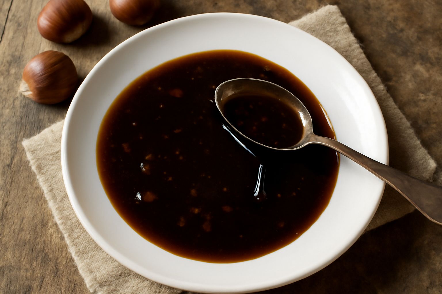 Bottiglia di vetro scuro contenente aceto balsamico alle castagne, liquido denso e scuro, accanto a castagne intere ancora nel loro riccio e una ciotola di ceramica con il condimento lucido