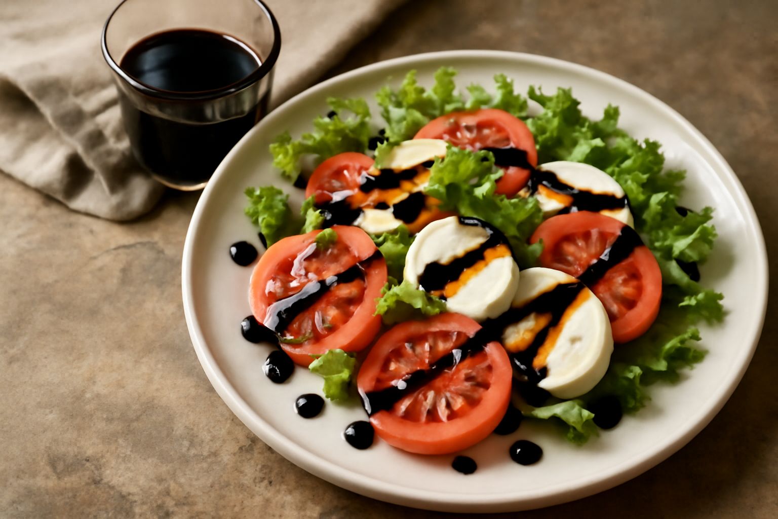 Aceto balsamico di Modena versato da una bottiglia scura su una insalata verde fresca con scaglie di parmigiano in un piatto bianco