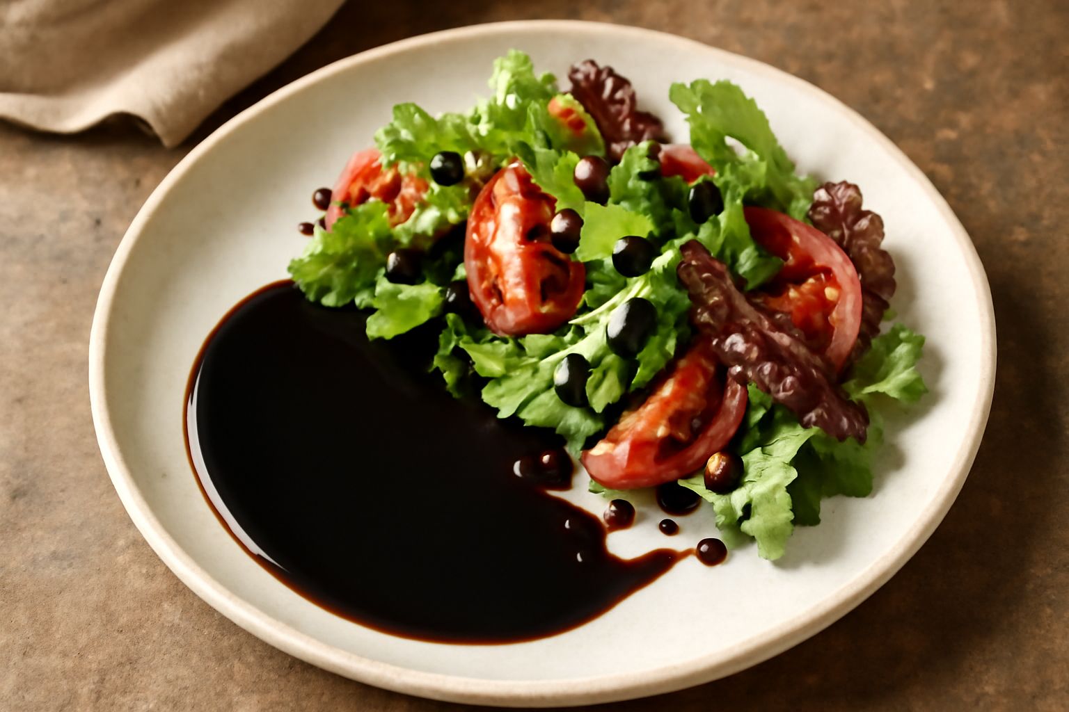 Bottiglie di aceto balsamico scuro e trasparente su un tavolo di legno, con accanto una ciotola di legno di insalata fresca mista e gocce di aceto che brillano alla luce