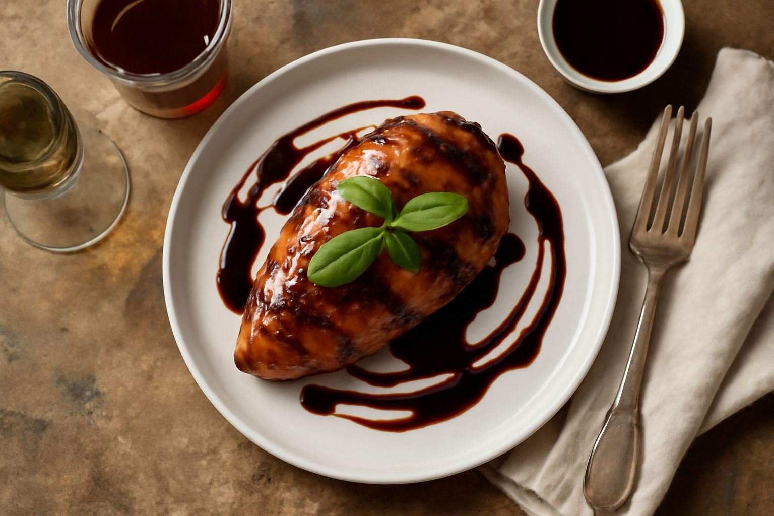 Bottiglia scura di aceto balsamico tradizionale con etichetta, circondata da gocce ambrate su fondo bianco, accanto a fette di parmigiano e pomodori rossi