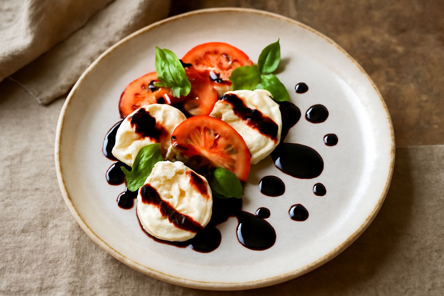 Aceto balsamico tradizionale di Modena in una piccola bottiglietta di vetro scuro, colore bruno scuro denso e lucido, con alcune gocce che brillano su un piatto bianco di ceramica accanto a fragole fr