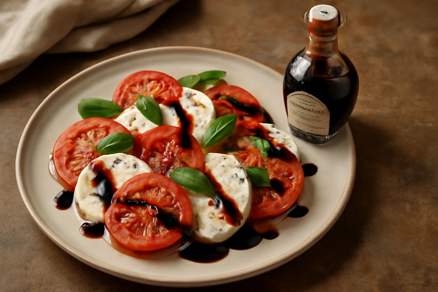 Bottiglietta di vetro con aceto balsamico scuro che forma una goccia trasparente su un cucchiaio di legno, sfondo bianco e minimale
