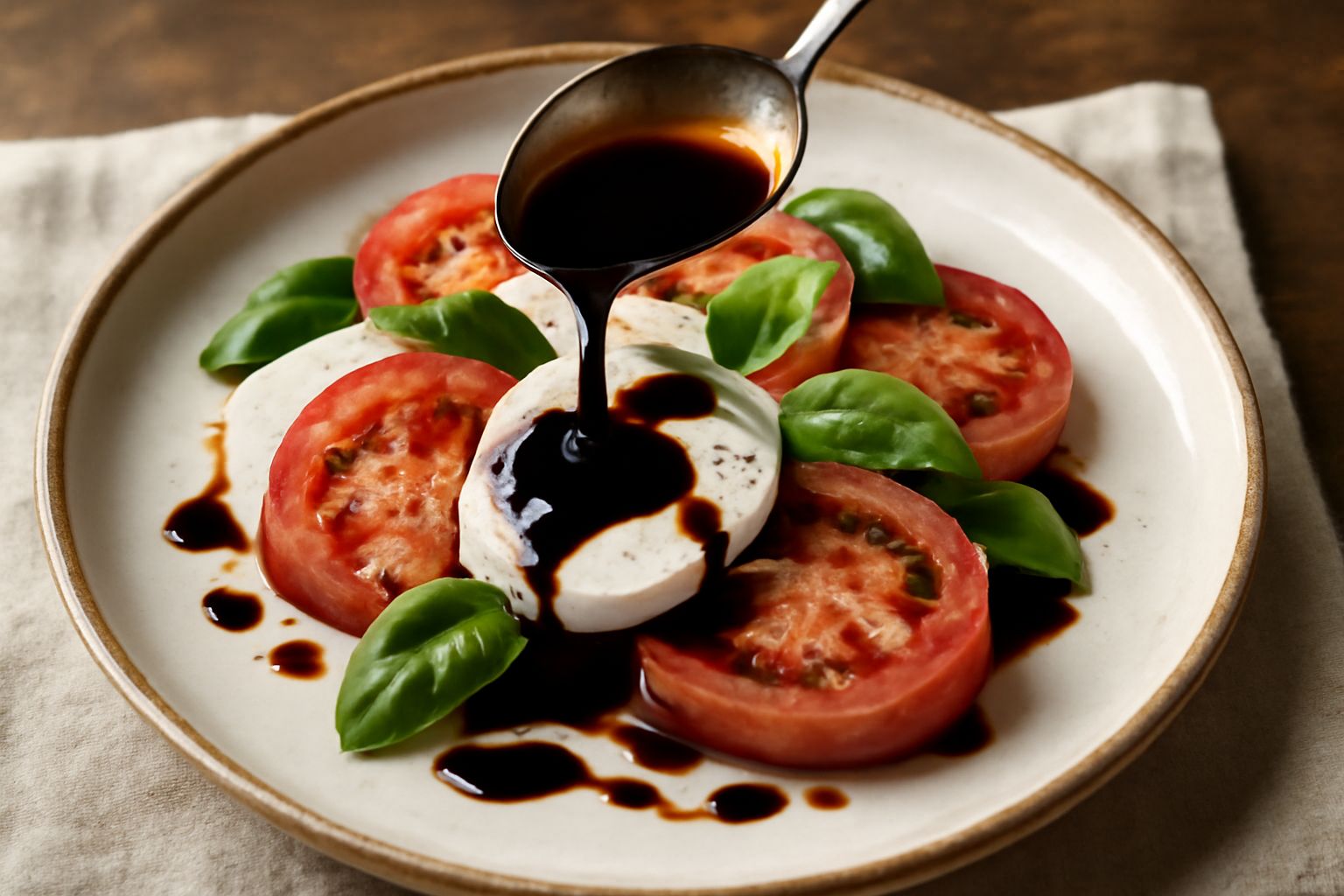 Bottiglia di aceto balsamico tradizionale con etichetta di Reggio Emilia, accanto a un piatto bianco con poche gocce di balsamico scuro e viscoso, su sfondo di legno naturale