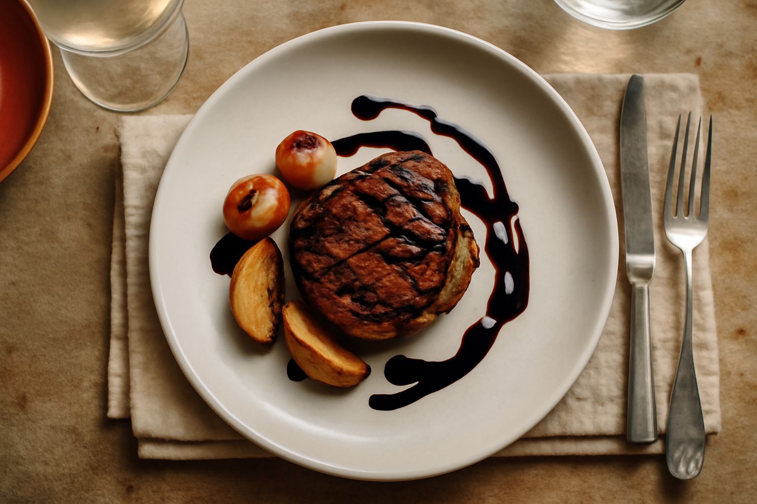 Aceto balsamico tradizionale marrone scuro e denso in un piccolo piatto bianco, con alcune gocce lisce e brillanti visibili, accanto a foglie di insalata fresca e pomodori rossi tagliati a fette