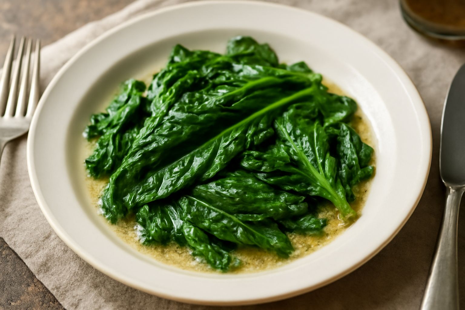 Acetosa fresca in padella di ghisa, foglie verde intenso leggermente appassite, burro schiumoso, piatto bianco, fondo di legno grigio invecchiato