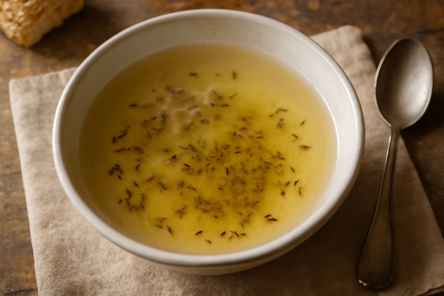 Tazza di vetro con acqua di anice trasparente e leggermente dorata, circondata da alcuni semi di anice sparse su un piatto bianco, su sfondo di lino naturale