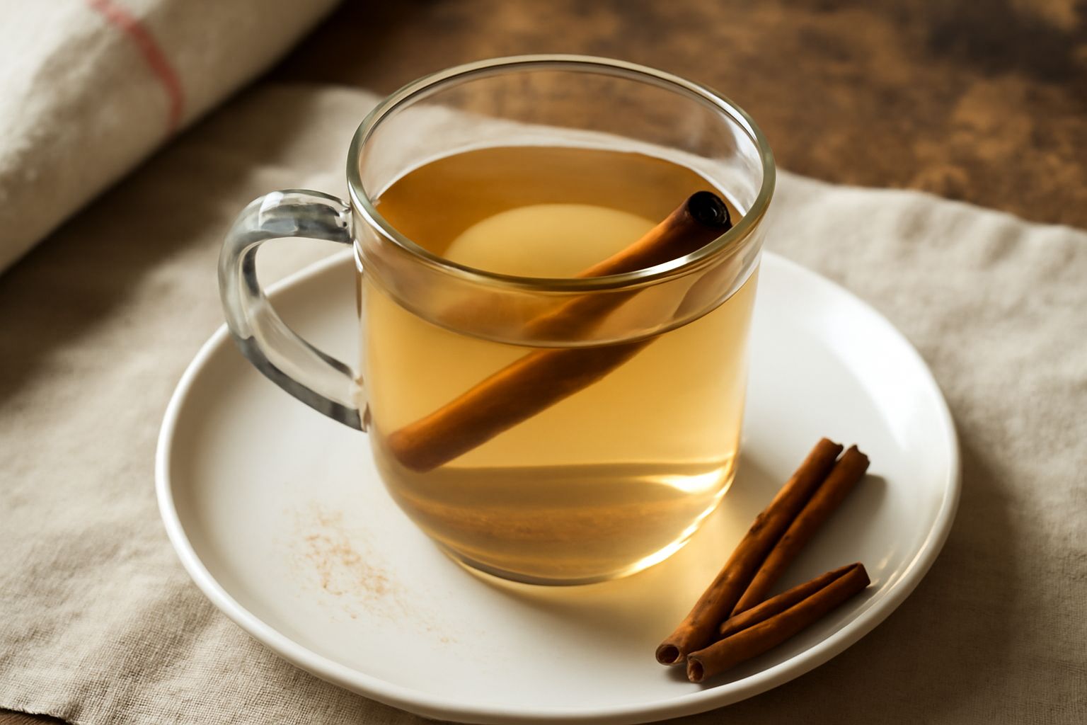 Bicchiere trasparente con acqua chiara e ambrata, bastoncino di cannella dentro, vapore leggero sulla superficie, sfondo bianco
