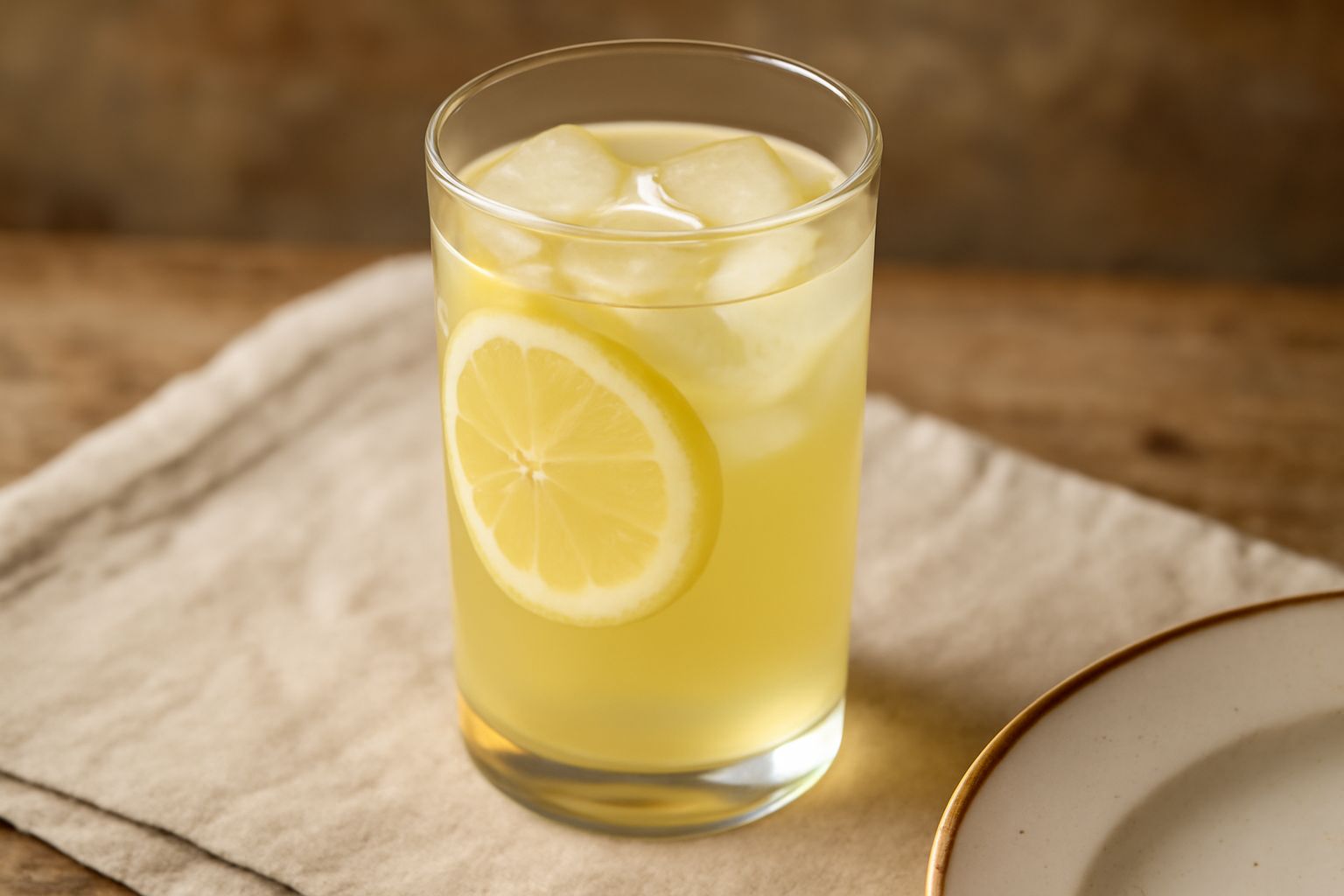 Un bicchiere trasparente di acqua di cedrata color giallo paglierino, con fette di cedro fresco galleggianti, ghiaccio trasparente, su un tavolo di legno chiaro con limoni e cedri interi sullo sfondo