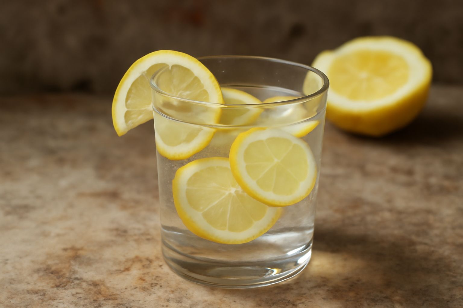 Un bicchiere trasparente pieno di acqua limpida con fette di cedro galleggianti, una scorza di cedro attorcigliata, sfondo bianco e luce naturale