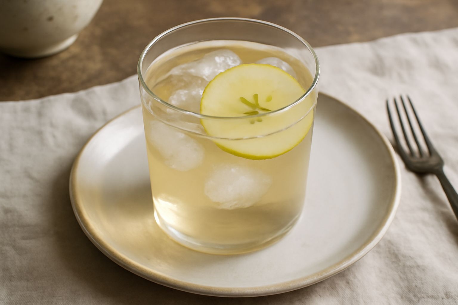 Bicchiere con acqua di cotogna color ambrato chiaro, con dentro uno spicchio di cotogna fresca, ghiaccio e una fogliolina di menta, su tavolo di legno chiaro con cotogne intere accanto