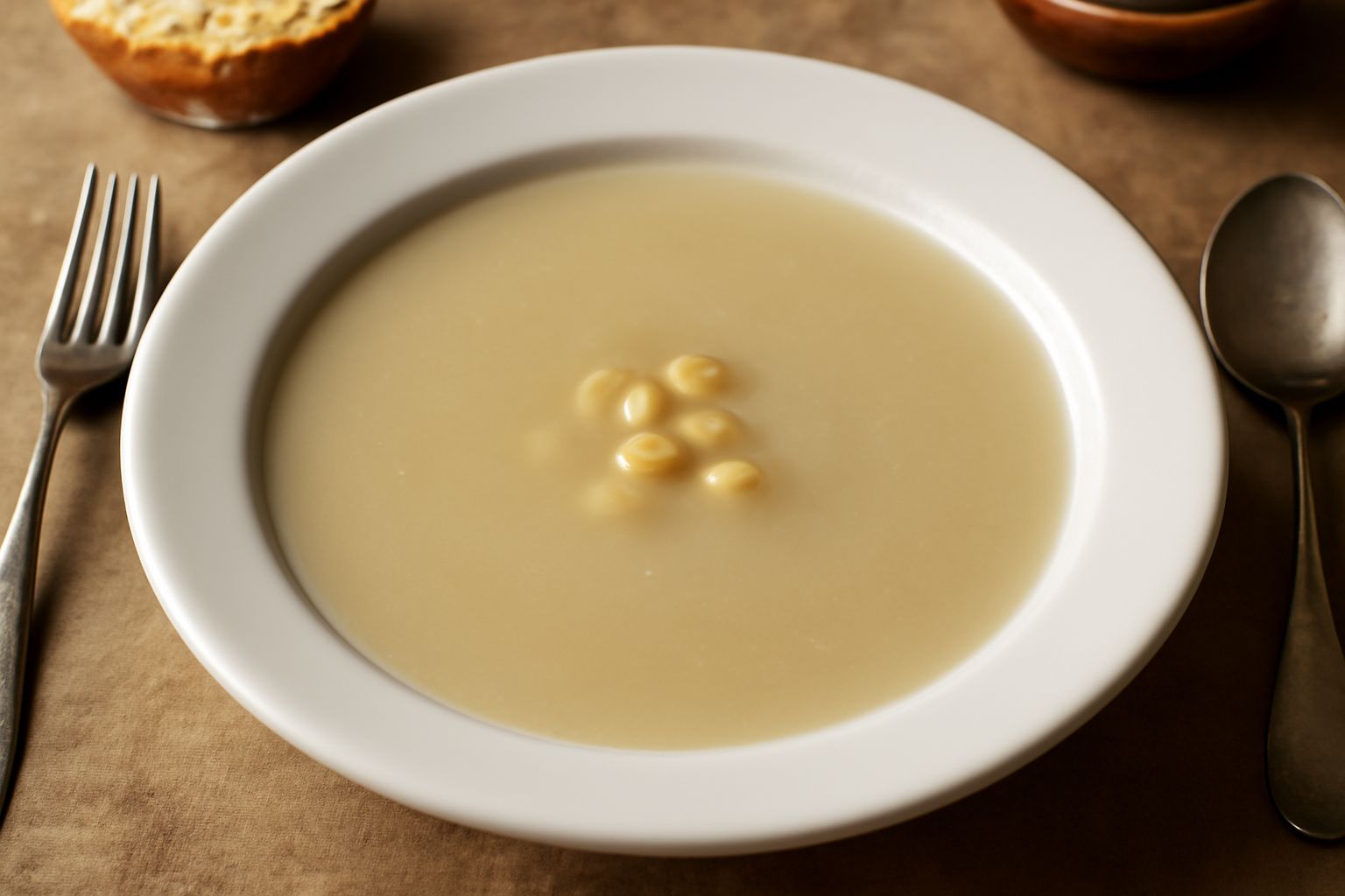 Bicchiere trasparente con acqua di fave dal colore beige chiaro, leggermente torbida, con pochi chicchi di fava sul fondo, servita tiepida su fondo di lino naturale