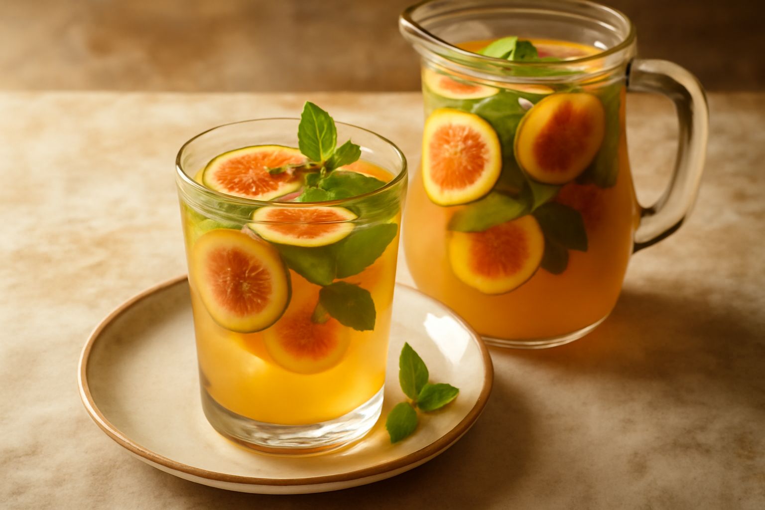 Bicchiere trasparente riempito di acqua limpida con fichi freschi affettati e foglie di menta verde galleggianti, ghiaccio visibile sul fondo, limone tagliato accanto al bicchiere su tavolo di legno b