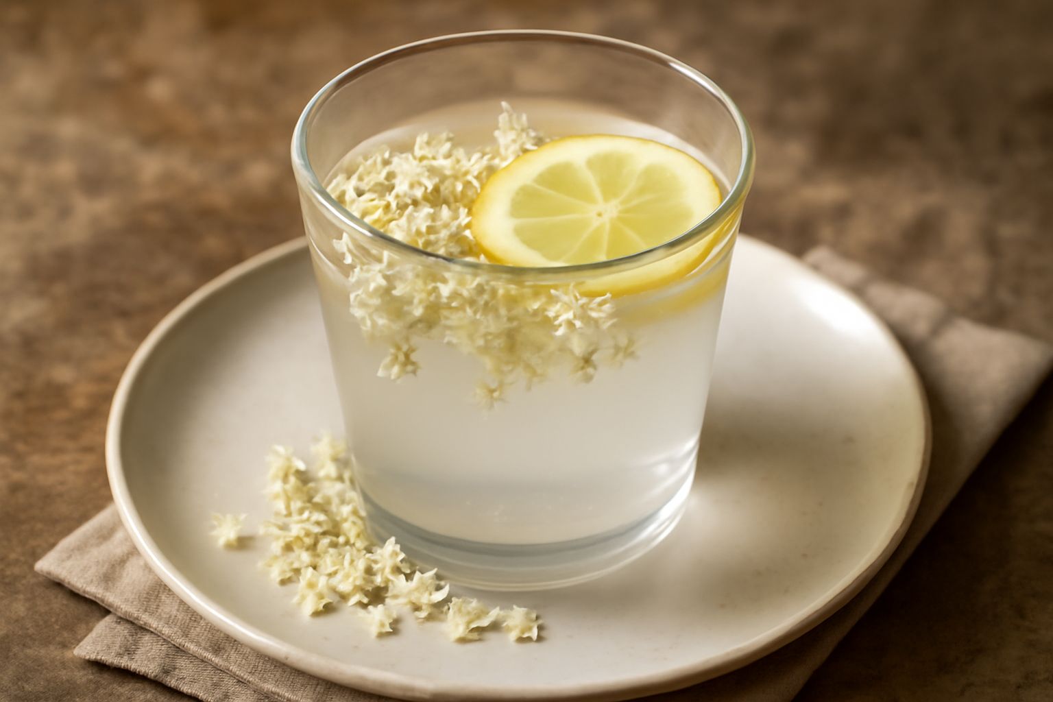 Bicchiere di cristallo trasparente riempito di acqua cristallina con sfumatura lieve, decorato con un fiore bianco di sambuco fresco e una fettina sottile di limone sul bordo, su sfondo bianco luminos