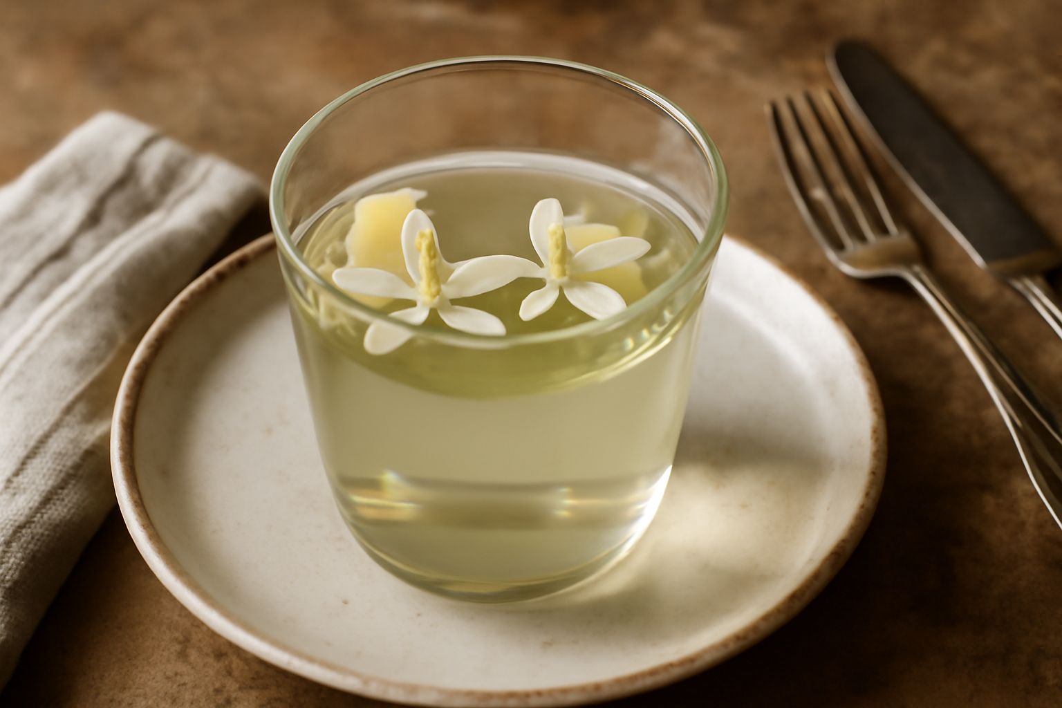 Bicchiere trasparente riempito di acqua limpida e leggermente paglierina con due o tre fiori d'arancia bianchi galleggianti sulla superficie, servito su una superficie di marmo bianco con una foglia d