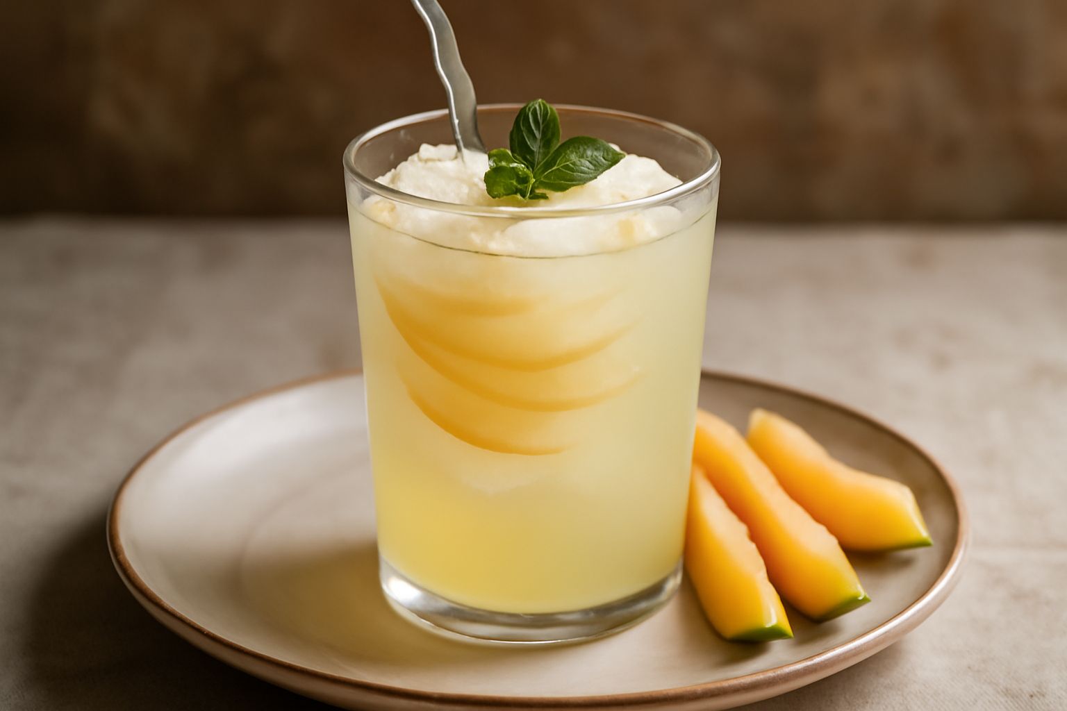 Bicchiere di acqua di melone trasparente con fettine di melone color arancio chiaro, cubetti di ghiaccio, foglia di menta fresca e cannuccia, sfondo bianco naturale