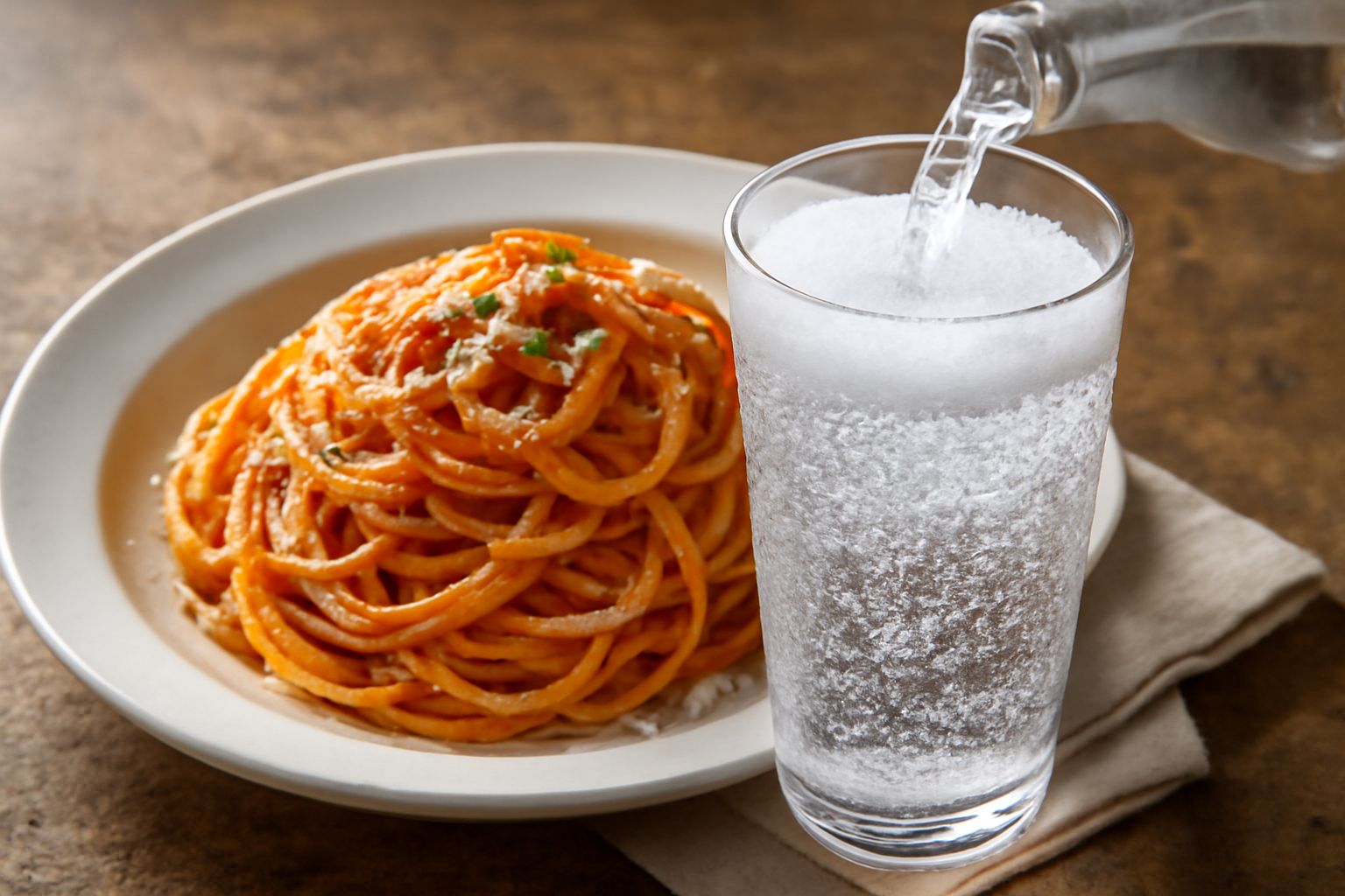 Un bicchiere trasparente riempito di acqua di seltz con bollicine fini e scintillanti, ghiaccio trasparente e una fetta di limone giallo sul bordo, su sfondo chiaro