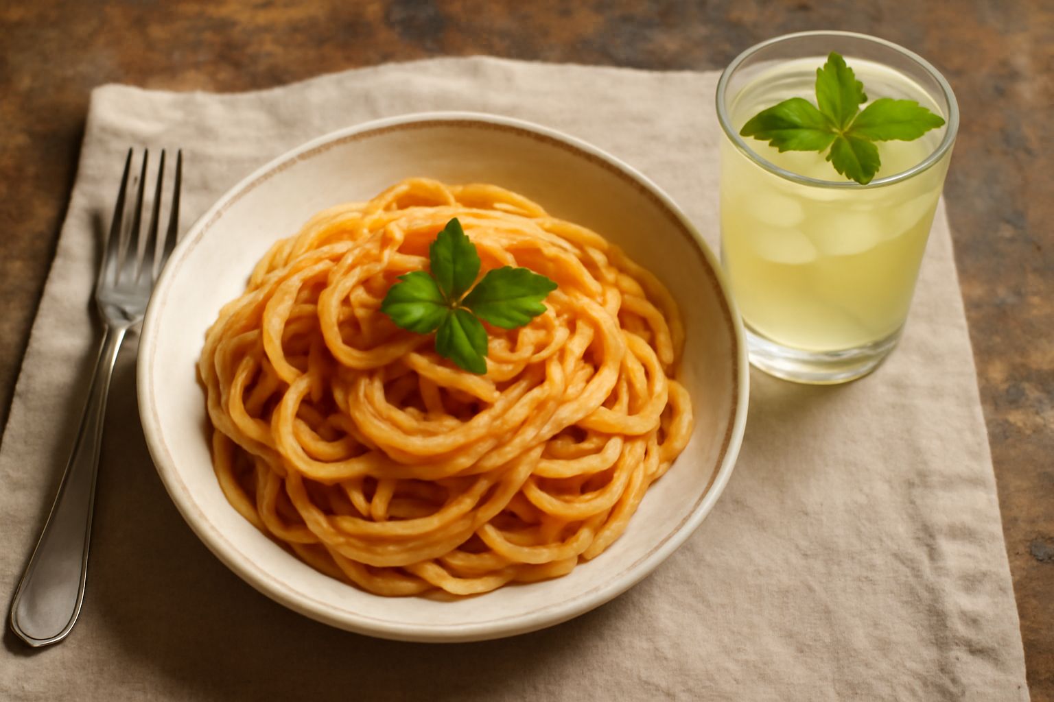 Bicchiere trasparente con acqua limpida e fredda, una foglia di menta fresca galleggia sulla superficie, ghiaccio visibile, sfondo neutro chiaro