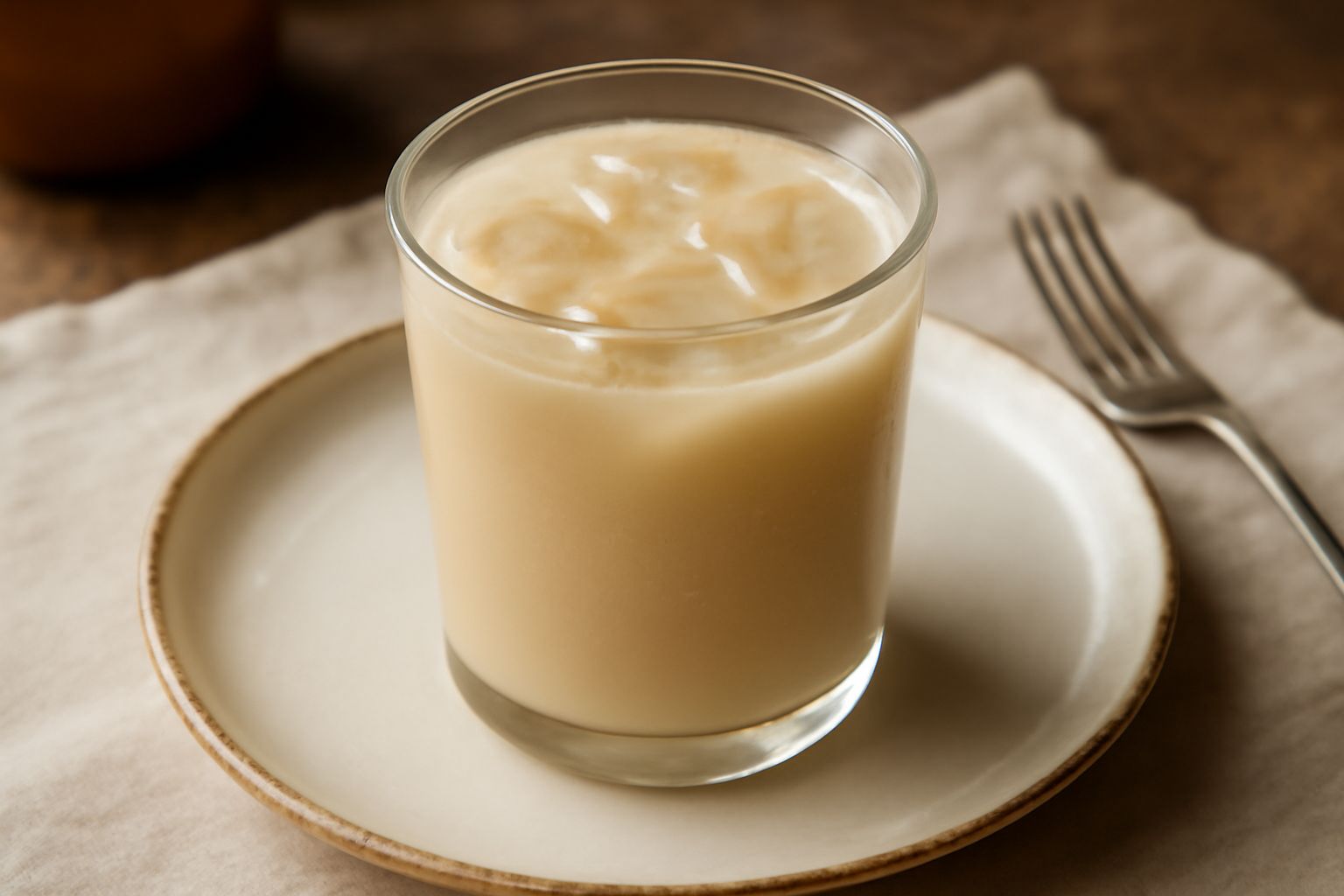 Un bicchiere di acqua d'orzata torbida e cremosa color beige, servita fredda con cubetti di ghiaccio, accanto a un cucchiaio di orzata macinata su fondo bianco