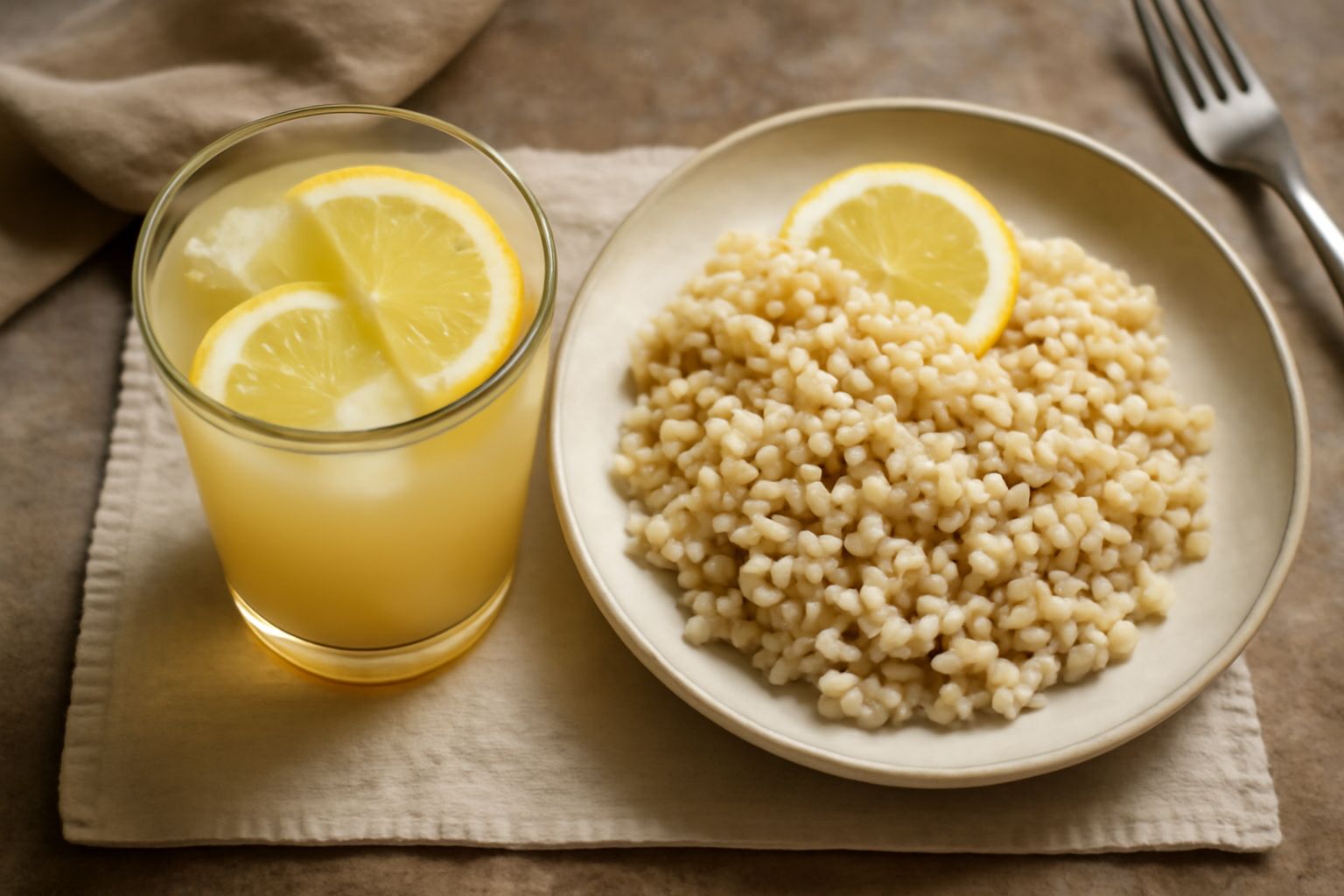 Bicchiere trasparente di vetro con acqua d'orzo leggermente torbida dal color paglia, con fettine di limone galleggianti, cubetti di ghiaccio, su tavolo di legno naturale con accanto chicchi d'orzo pe