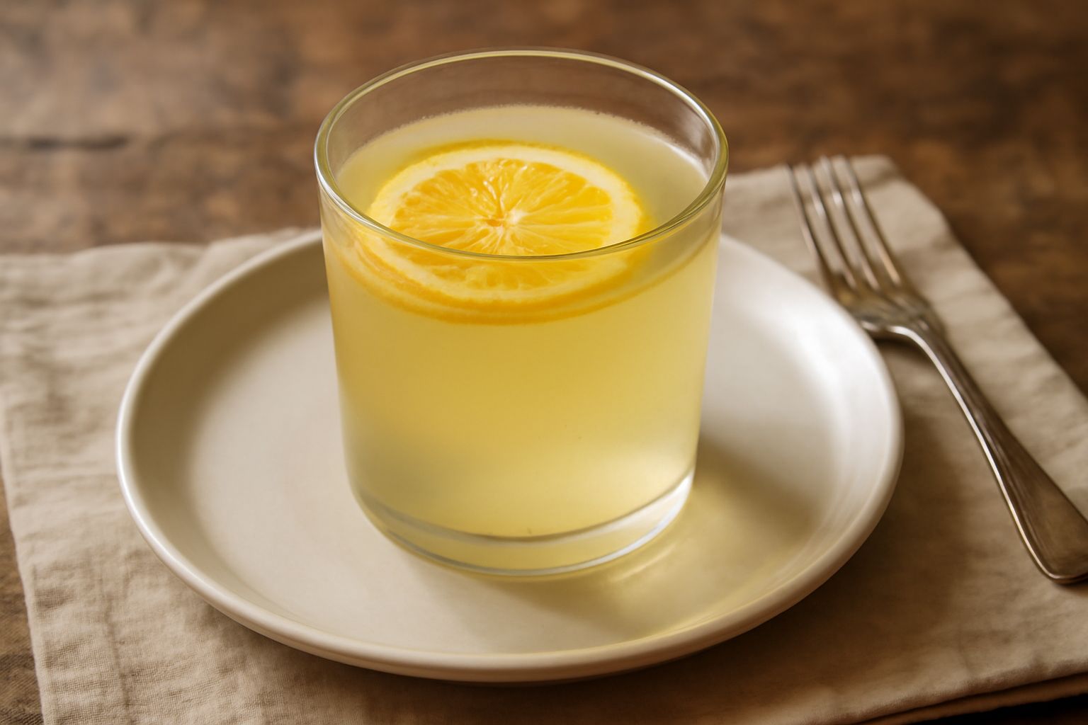 Un bicchiere trasparente di acqua con limone appena versata, fetta di limone giallo fresco galleggiante sulla superficie, vapor leggero, sfondo bianco neutro