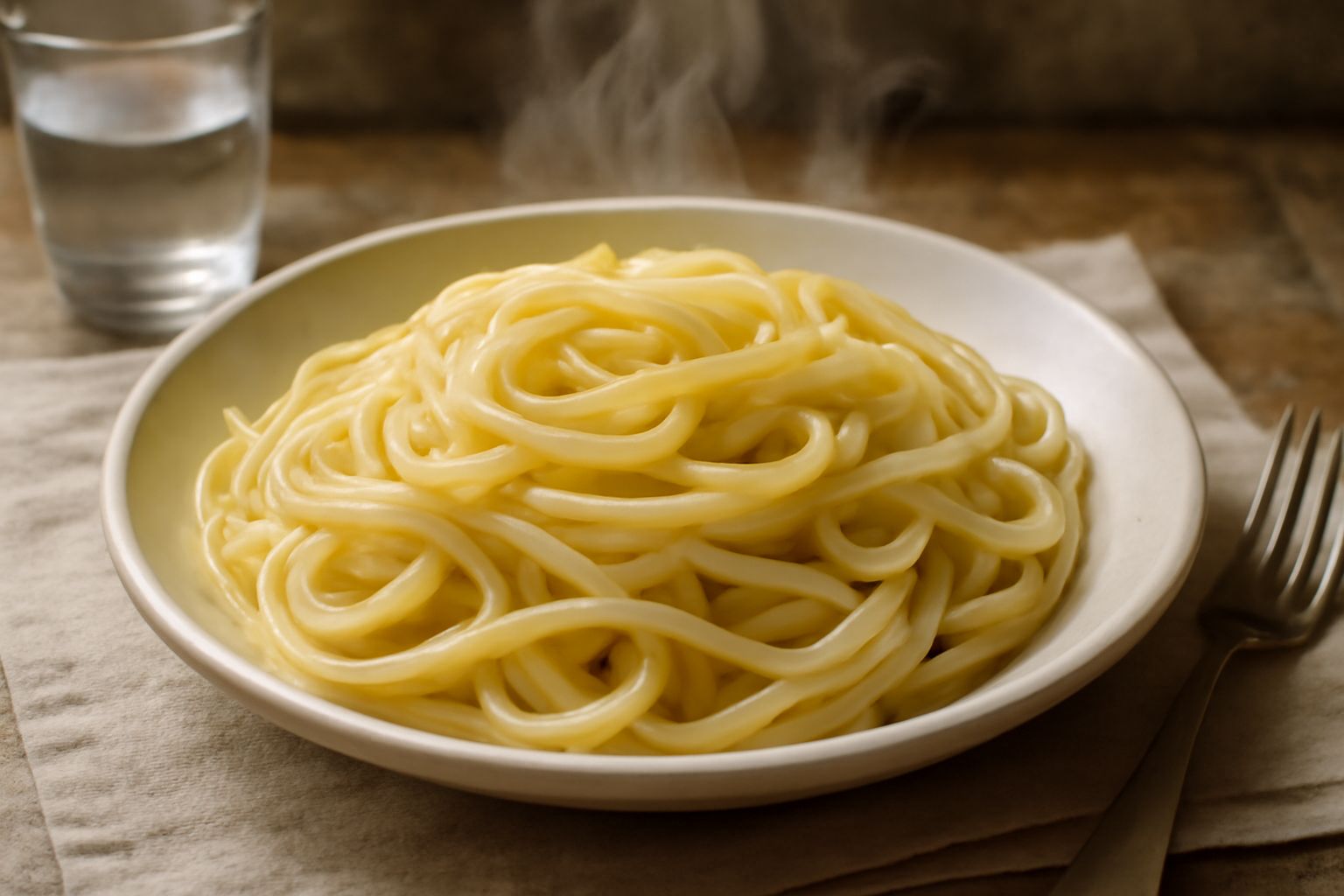 Piatto di pasta bianca al dente con gocce d'acqua sugli spaghetti, vapore leggero che sale, fondo bianco, vista dall'alto leggermente inclinata