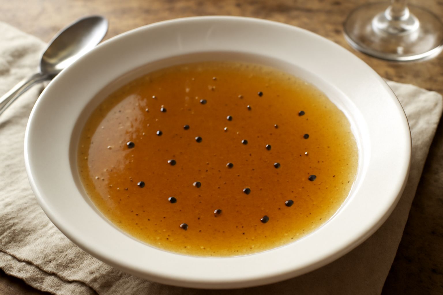 Brodo trasparente e dorato in una ciotola di ceramica bianca, con tre grani di pepe nero galleggianti in superficie e vapore che sale dal liquido