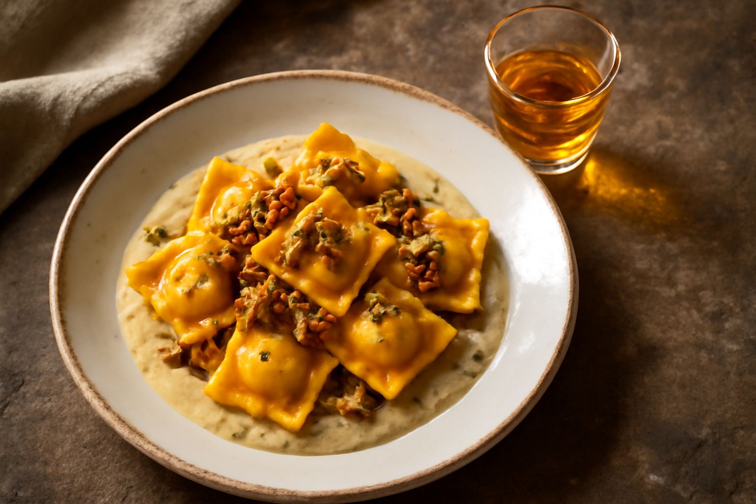 Bicchierino di acqua vitae reggiana trasparente e ambrata, con alcol limpido, accanto a una bottiglia di vetro scuro, su sfondo di legno naturale con rametti di erbe aromatiche