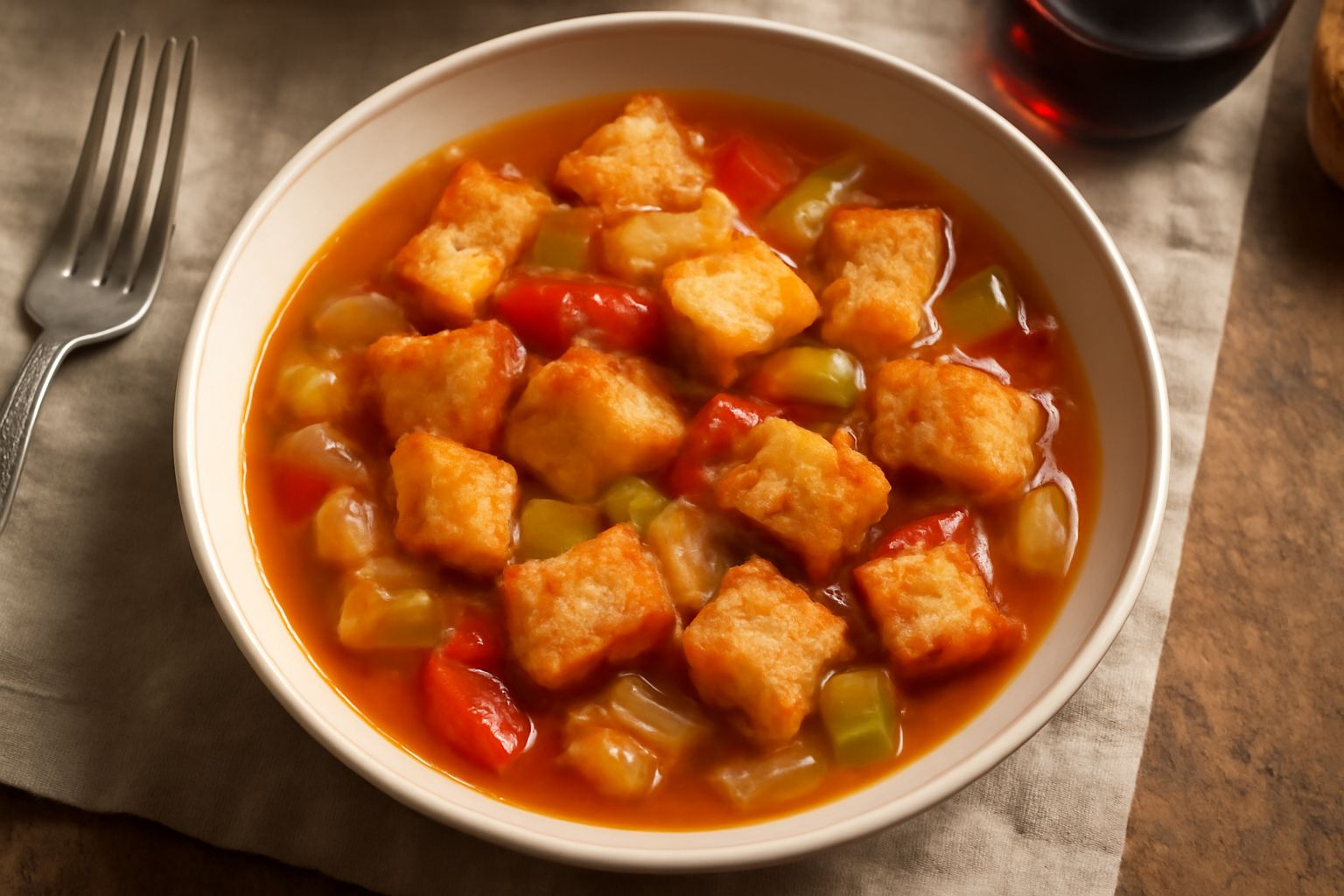 Ciotola bianca con acquacotta ascolana: zuppa dai toni arancio-rossi con verdure visibili, fettine di pane tostato galleggiante, condita con olio verde, seduta su tavolo di legno chiaro con erbe fresc
